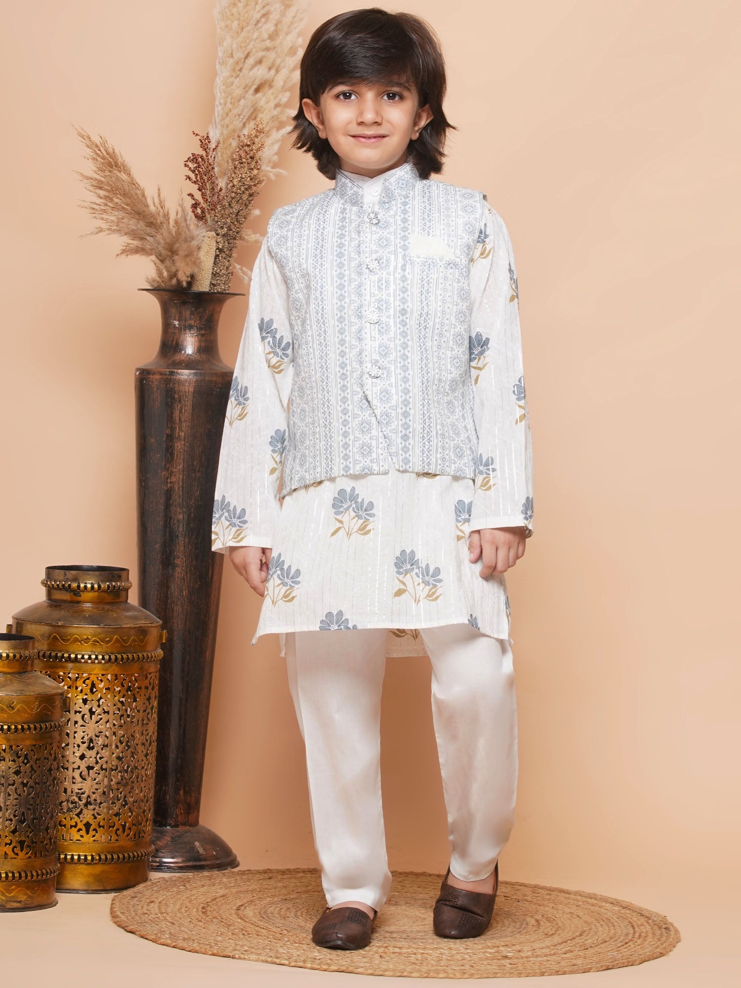 Boys Pure Cotton Kurta Pyjamas and GirlsKurti with Salwar Sibling Sets-Grey - AJ Dezines
