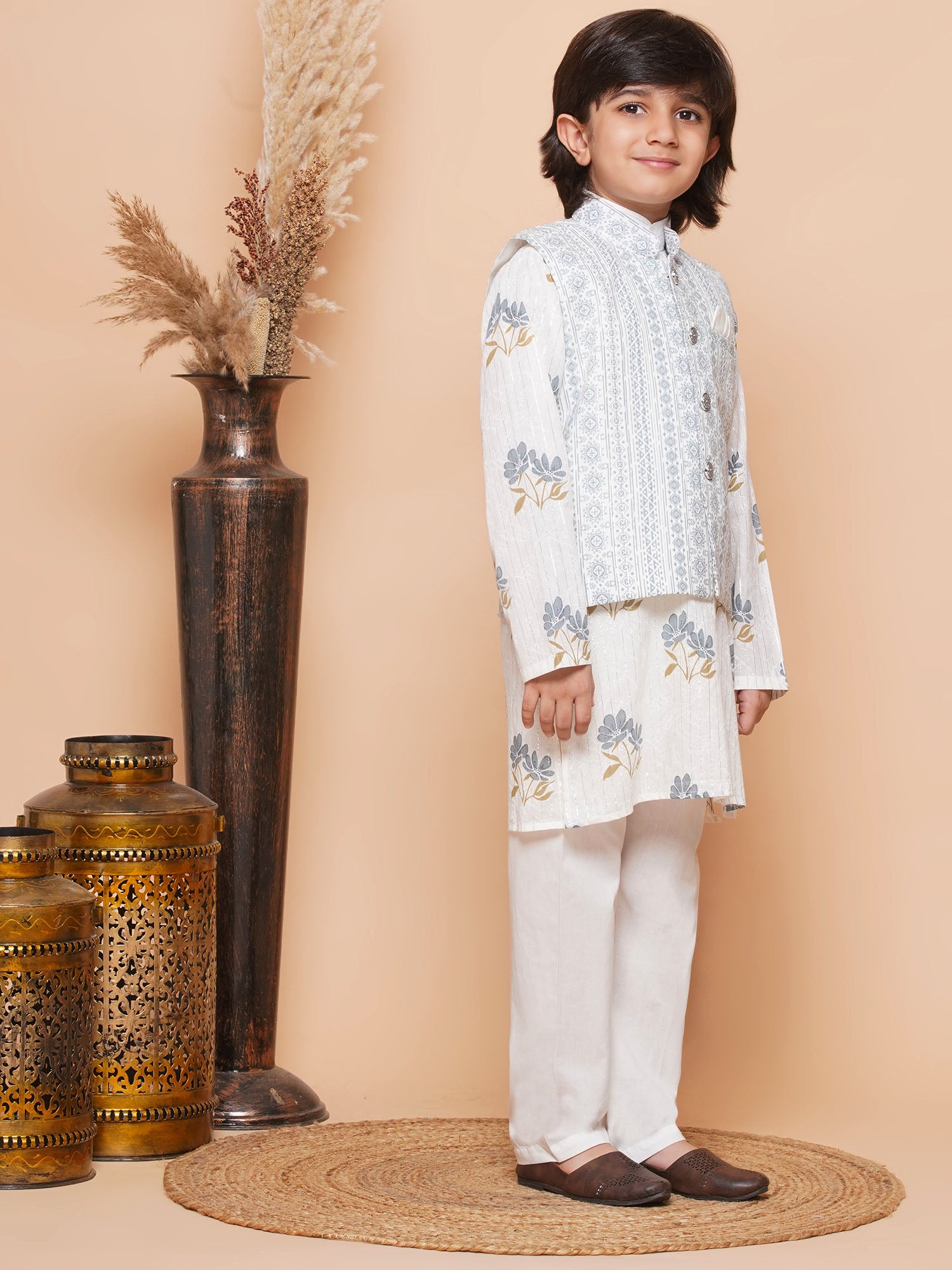 Kids Boys Grey Floral Print Cotton Suit Set - AJ Dezines