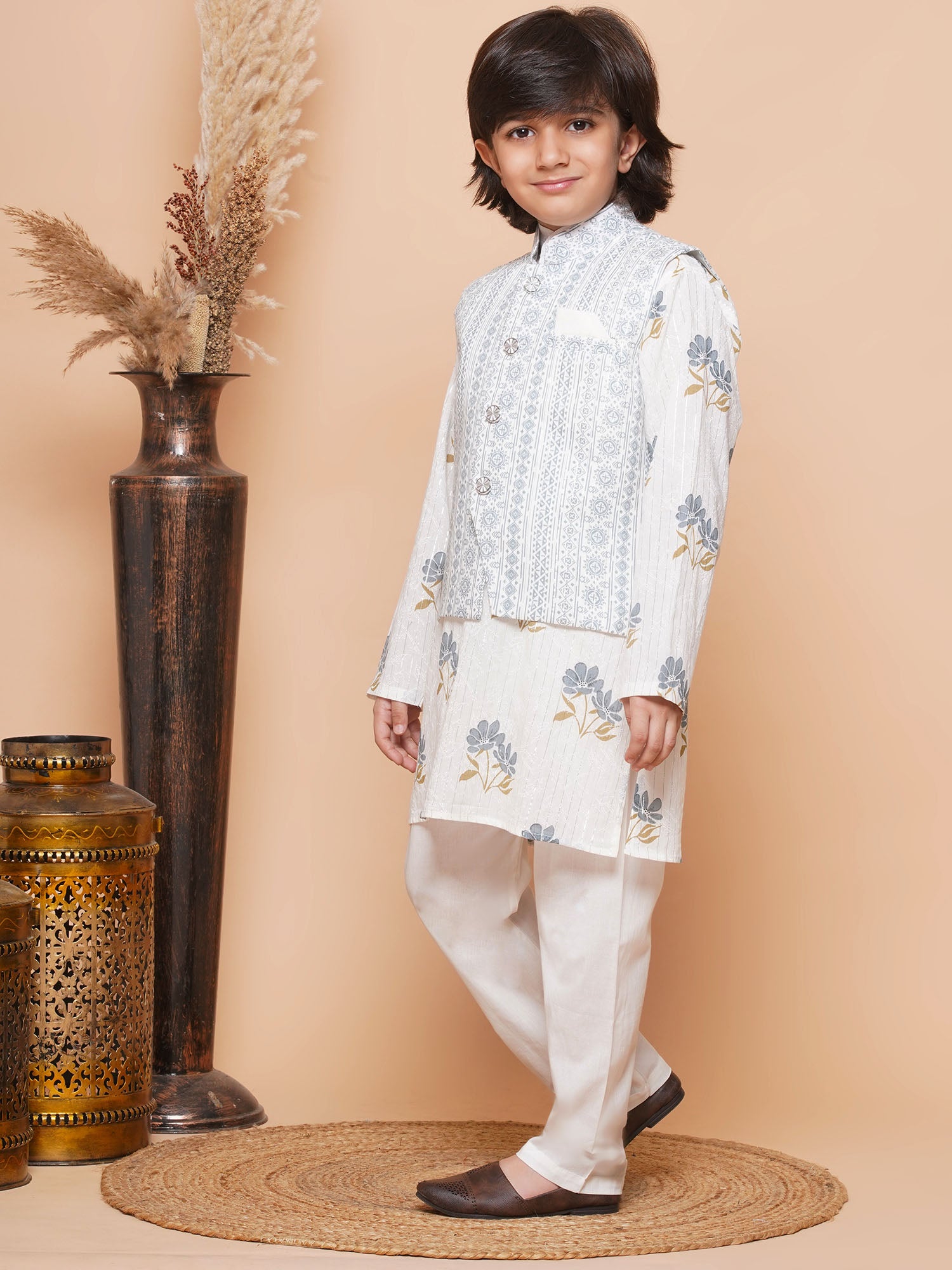 Kids Boys Grey Floral Print Cotton Suit Set - AJ Dezines