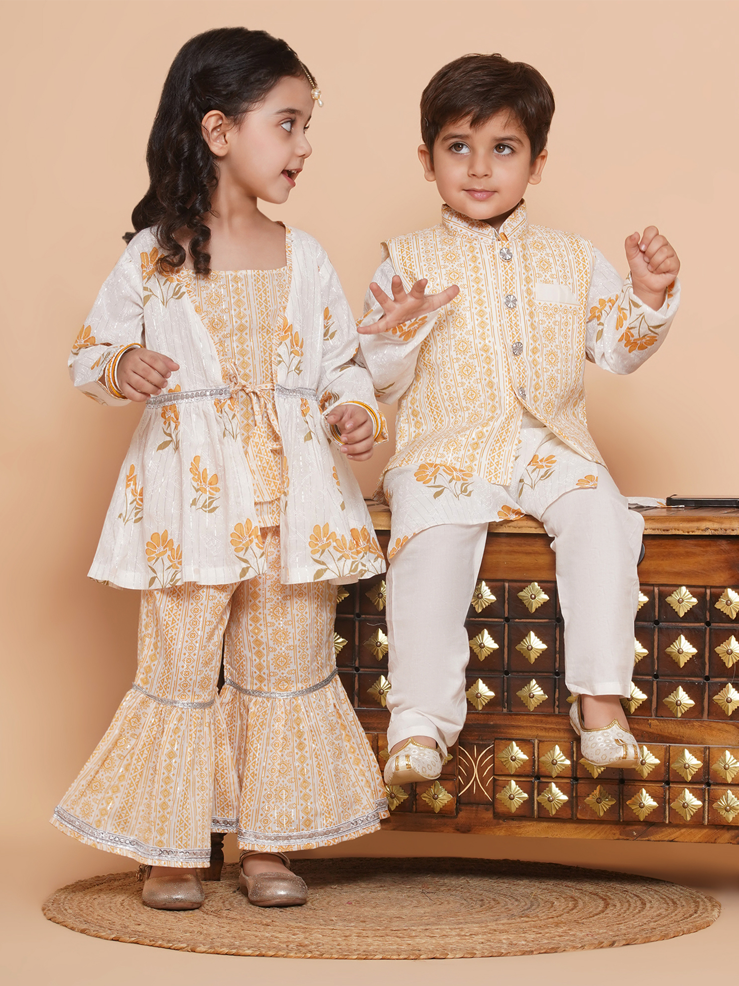Boys Pure Cotton Kurta Pyjamas and GirlsKurti with Salwar Sibling Sets -Yellow - AJ Dezines
