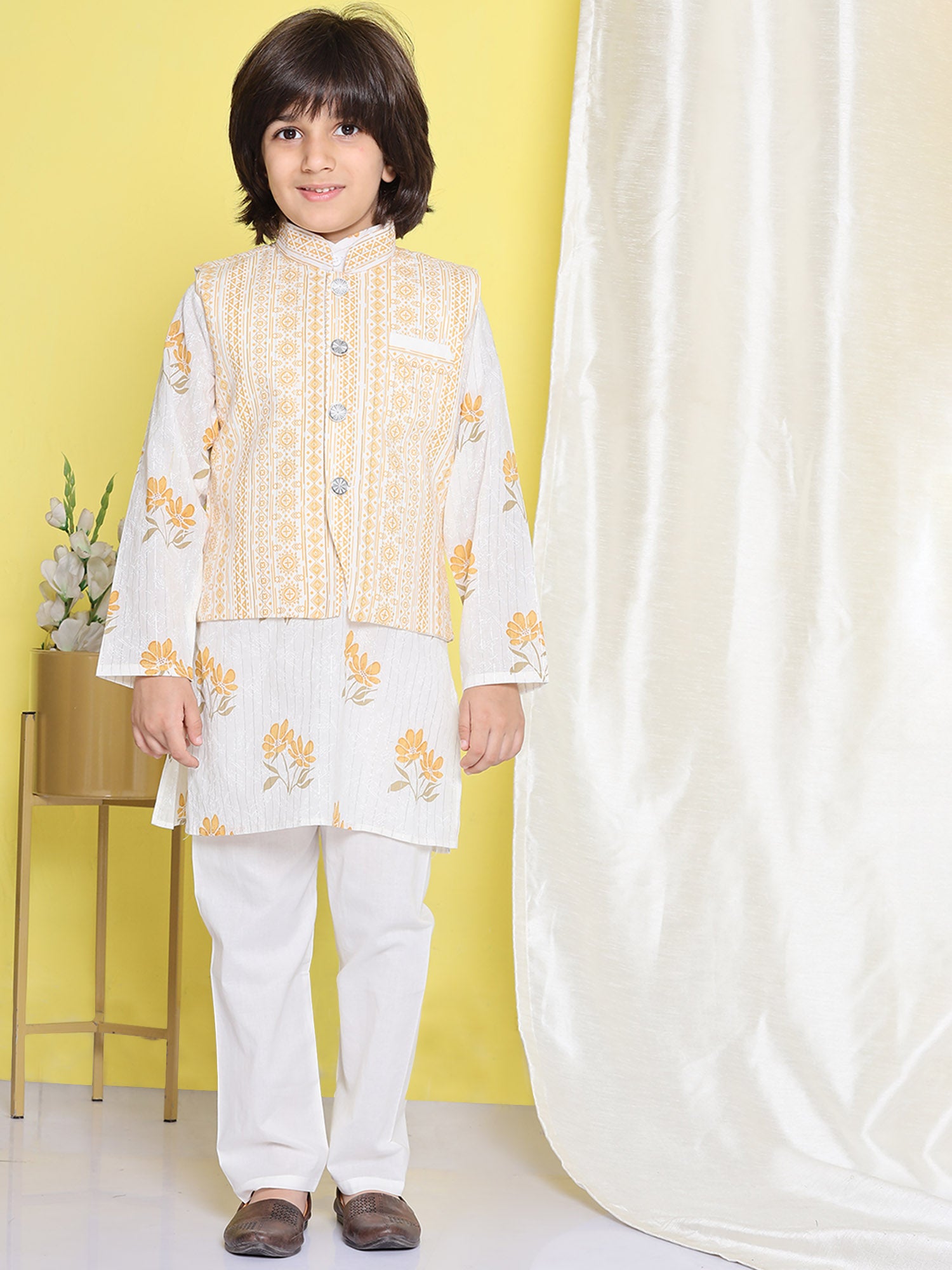 Kids Boys Yellow Floral Print Cotton Suit Set - AJ Dezines