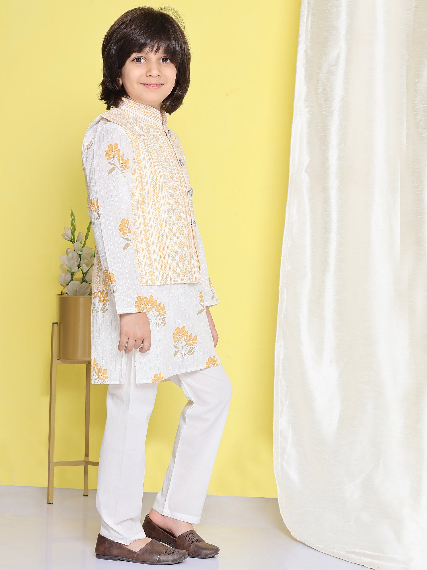 Kids Boys Yellow Floral Print Cotton Suit Set - AJ Dezines