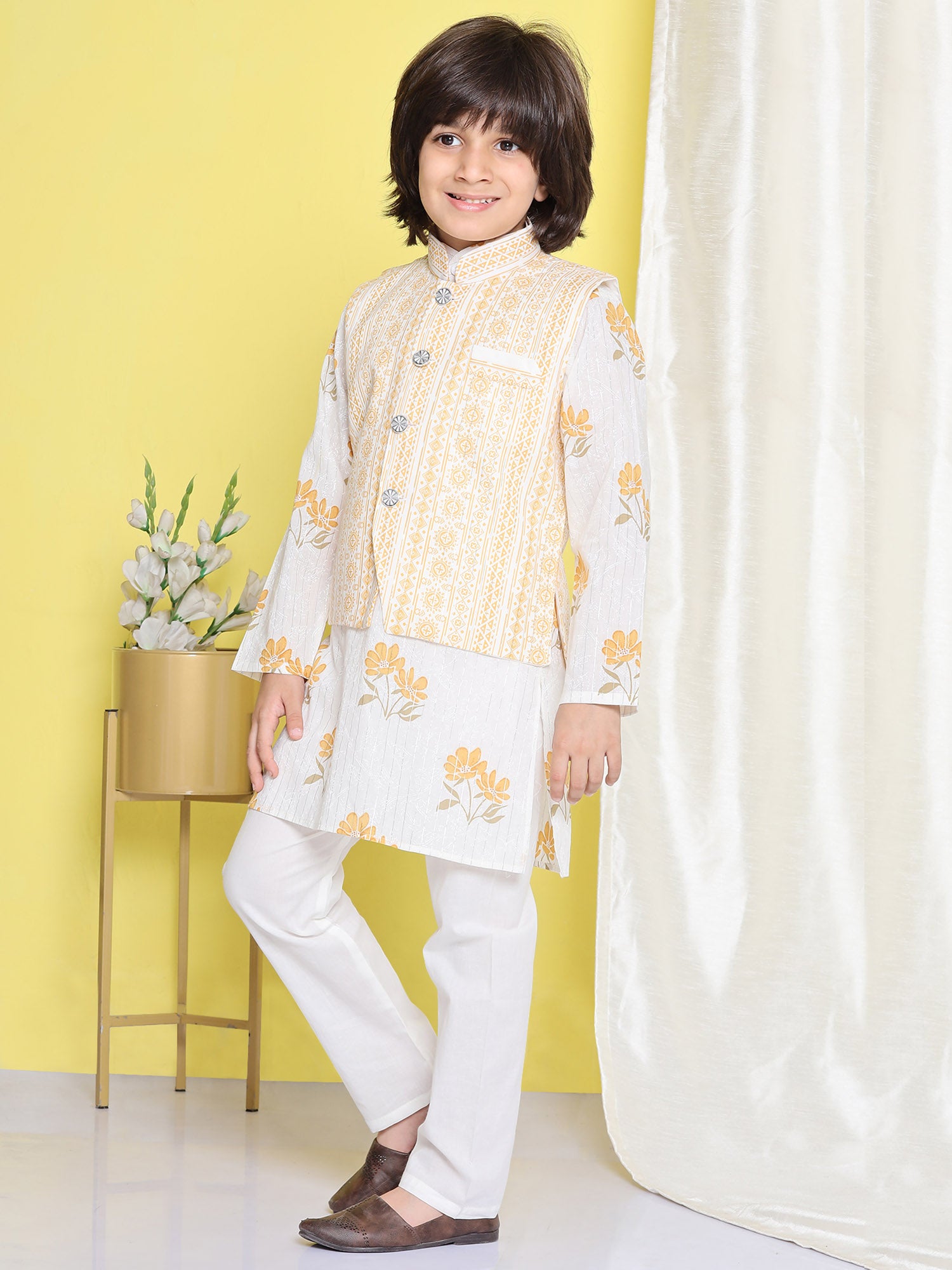 Kids Boys Yellow Floral Print Cotton Suit Set - AJ Dezines