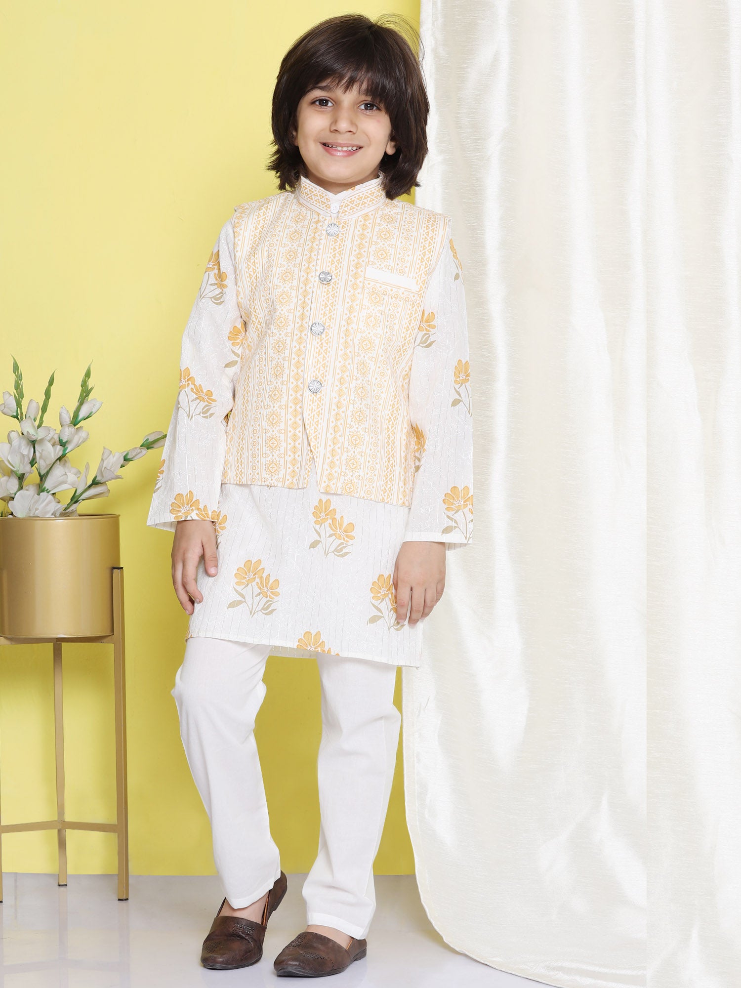 Kids Boys Yellow Floral Print Cotton Suit Set - AJ Dezines