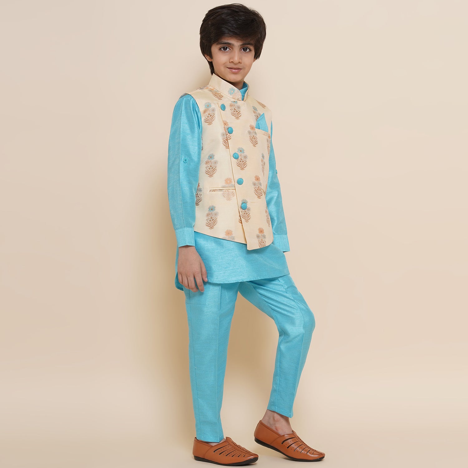 Kids Cotton Silk 3pc Kurta Pant Set For Boys