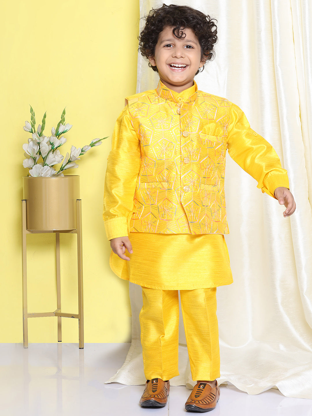 Kids Boys Mustard Solid Raw Silk Suit Set - AJ Dezines