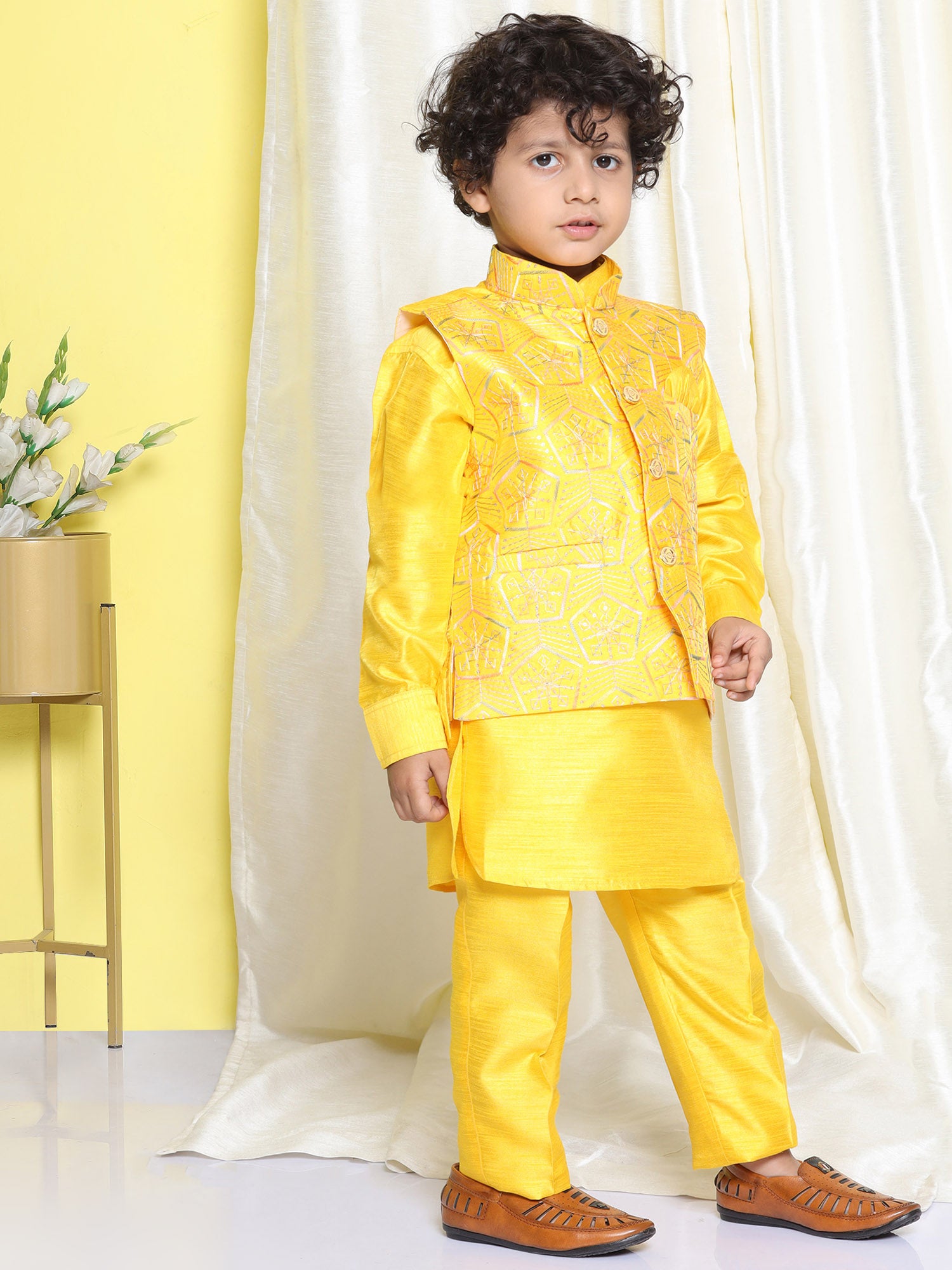 Kids Boys Mustard Solid Raw Silk Suit Set - AJ Dezines