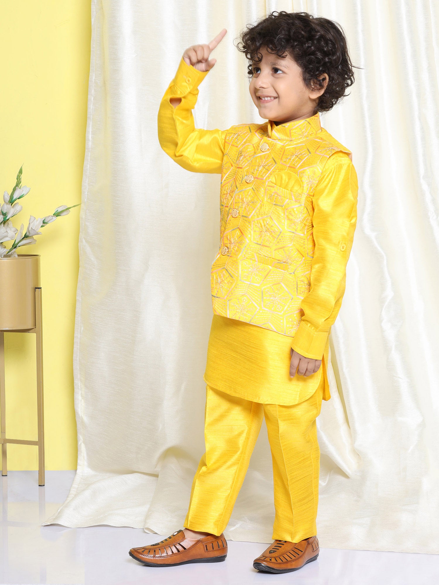 Kids Boys Mustard Solid Raw Silk Suit Set - AJ Dezines