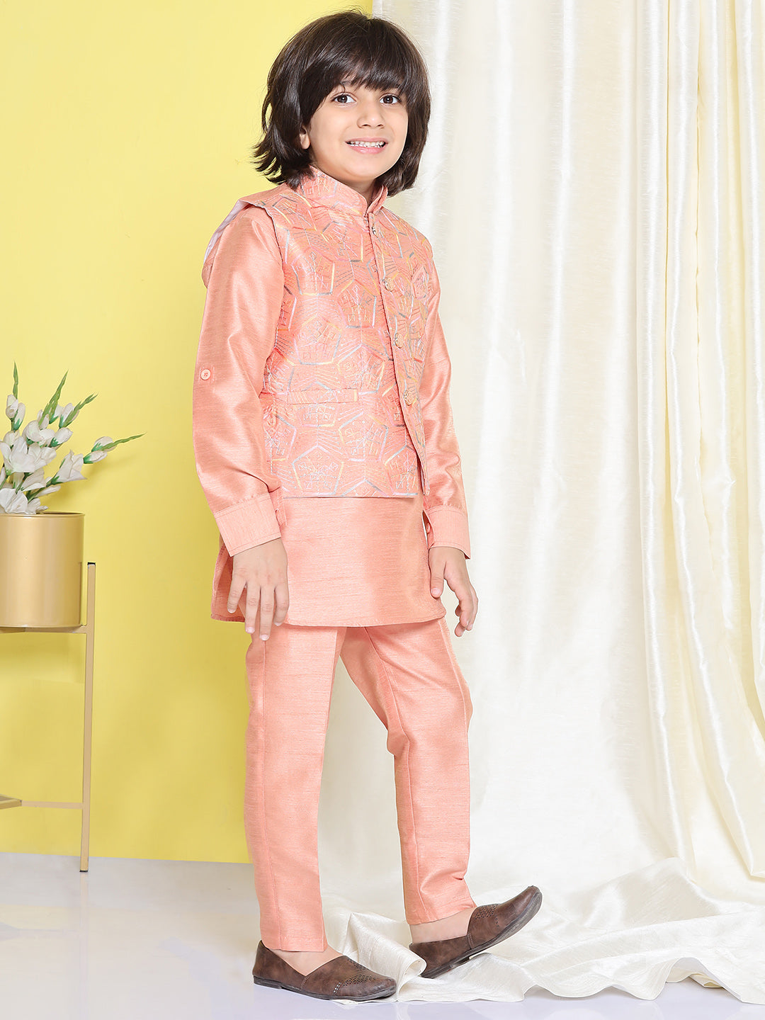 Kids Boys Peach Solid Raw Silk Suit Set - AJ Dezines