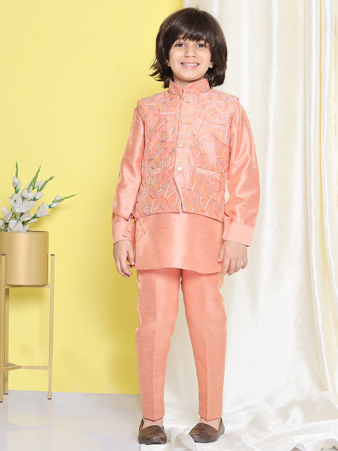 Kids Boys Peach Solid Raw Silk Suit Set - AJ Dezines