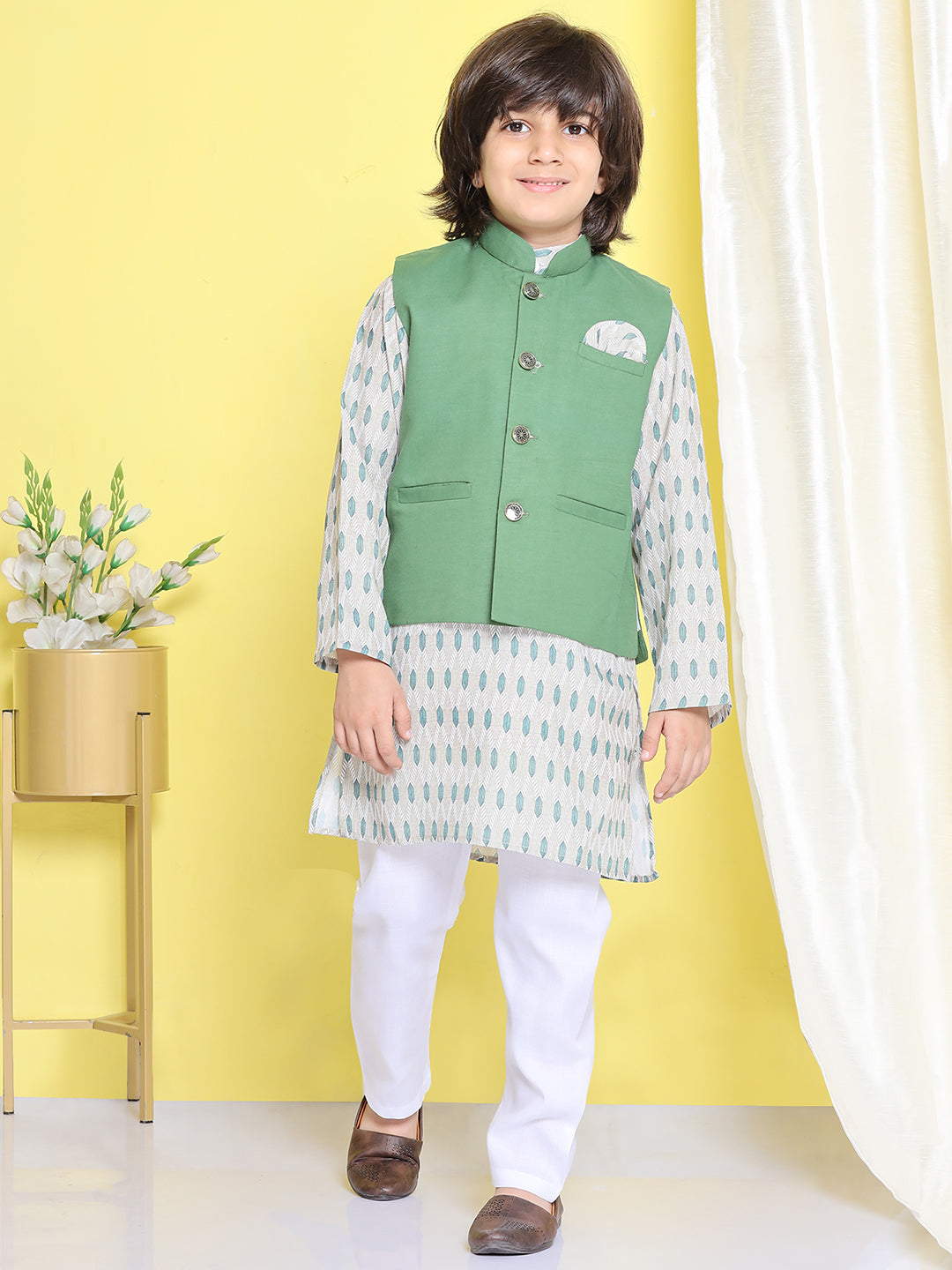 Kids Boys Green Printed Cotton Suit Set - AJ Dezines