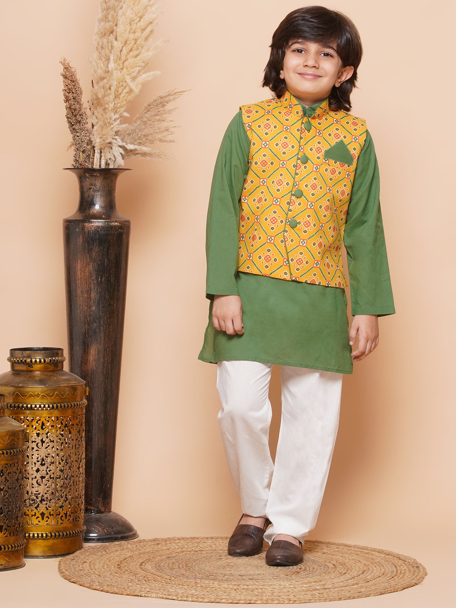Kids Boys Green Printed Cotton Suit Set - AJ Dezines