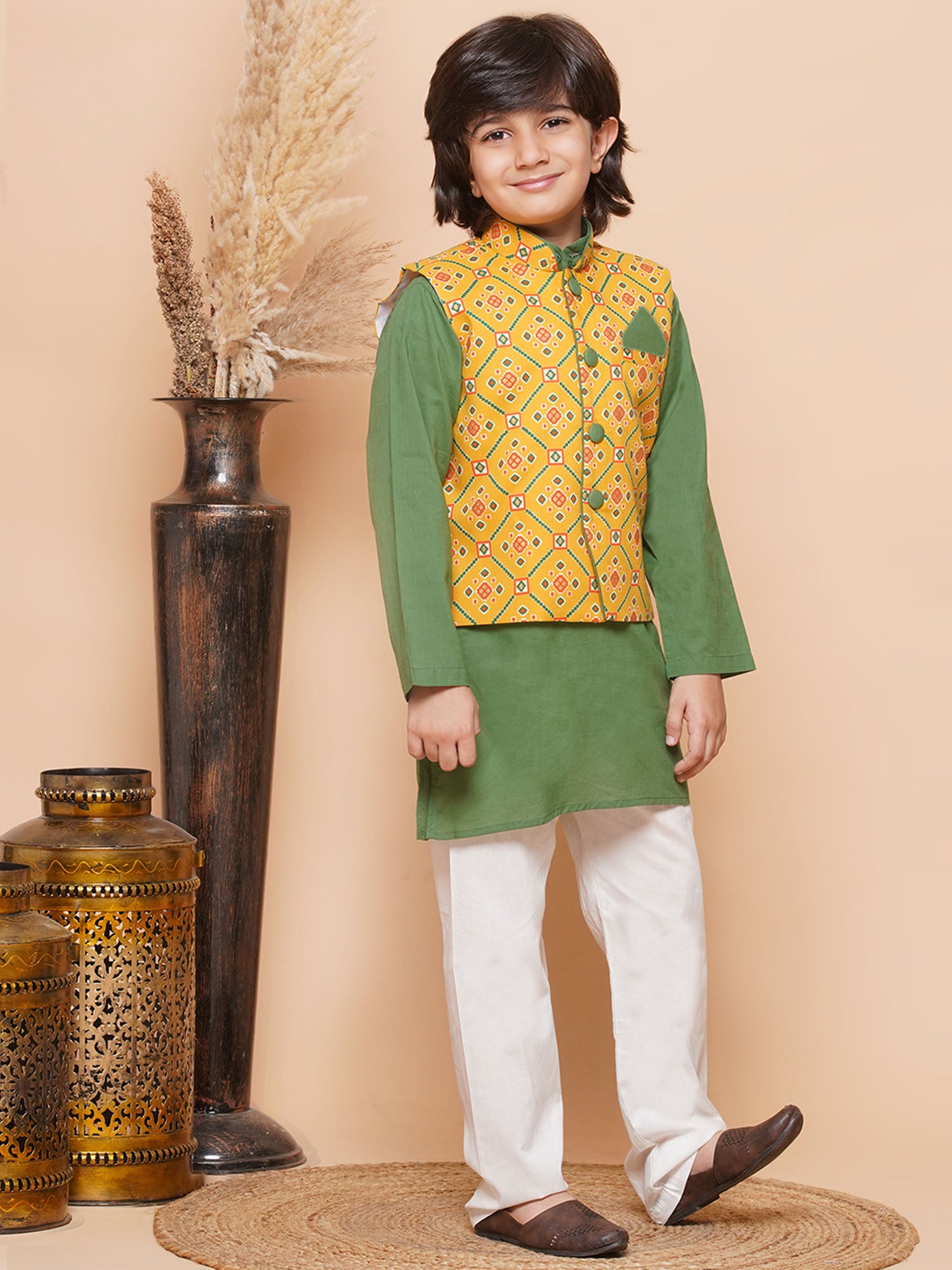 Kids Boys Green Printed Cotton Suit Set - AJ Dezines