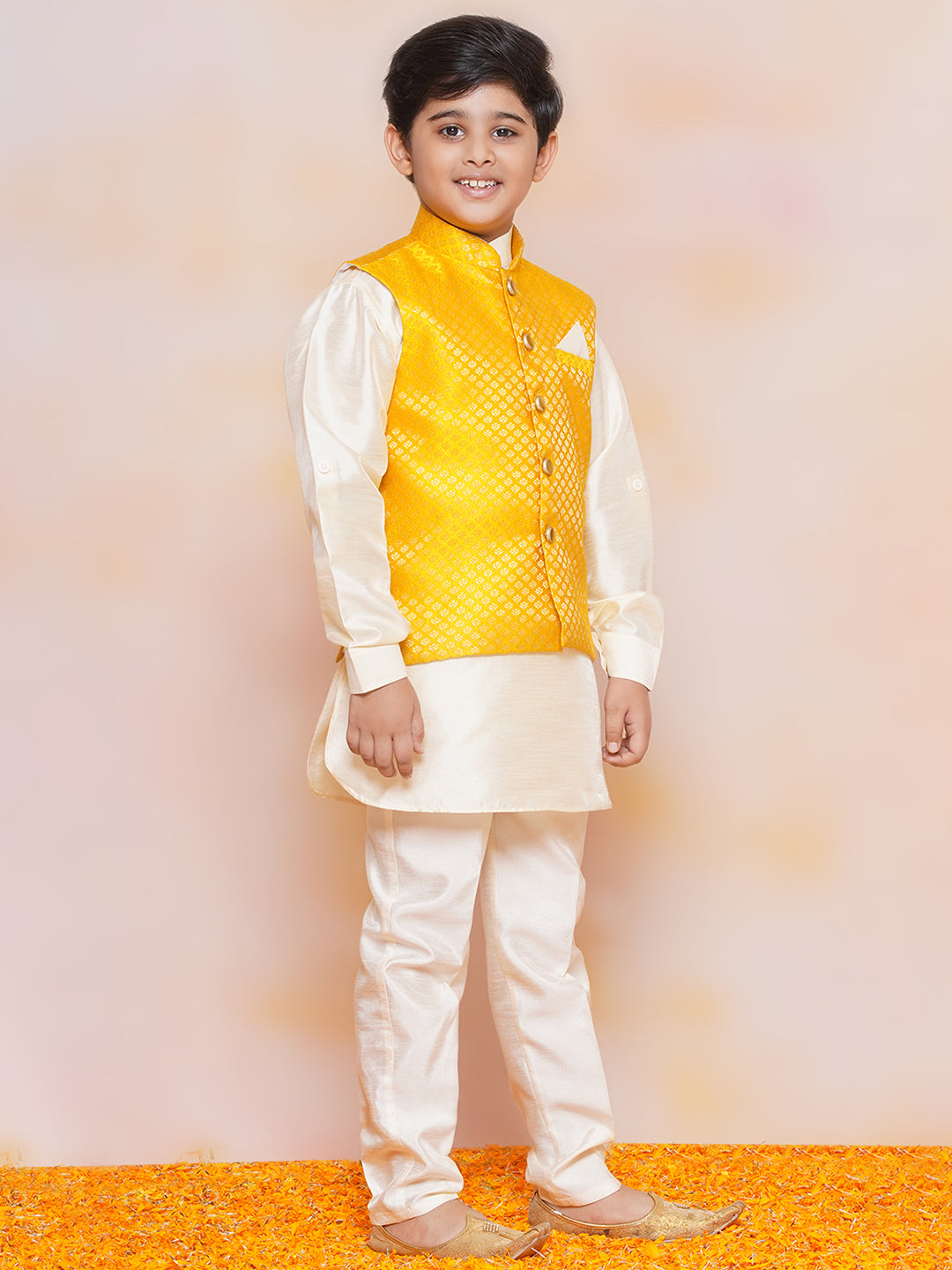 Kids Boys Mustard Printed Jacquard Suit Set - AJ Dezines