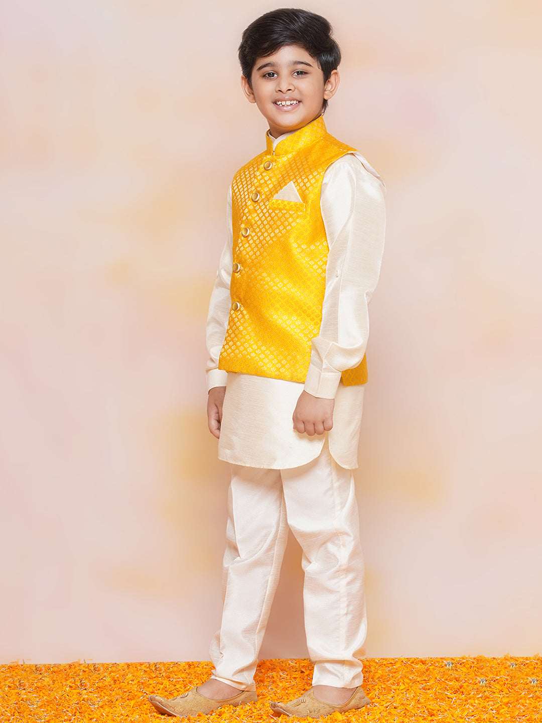 Kids Boys Mustard Printed Jacquard Suit Set - AJ Dezines