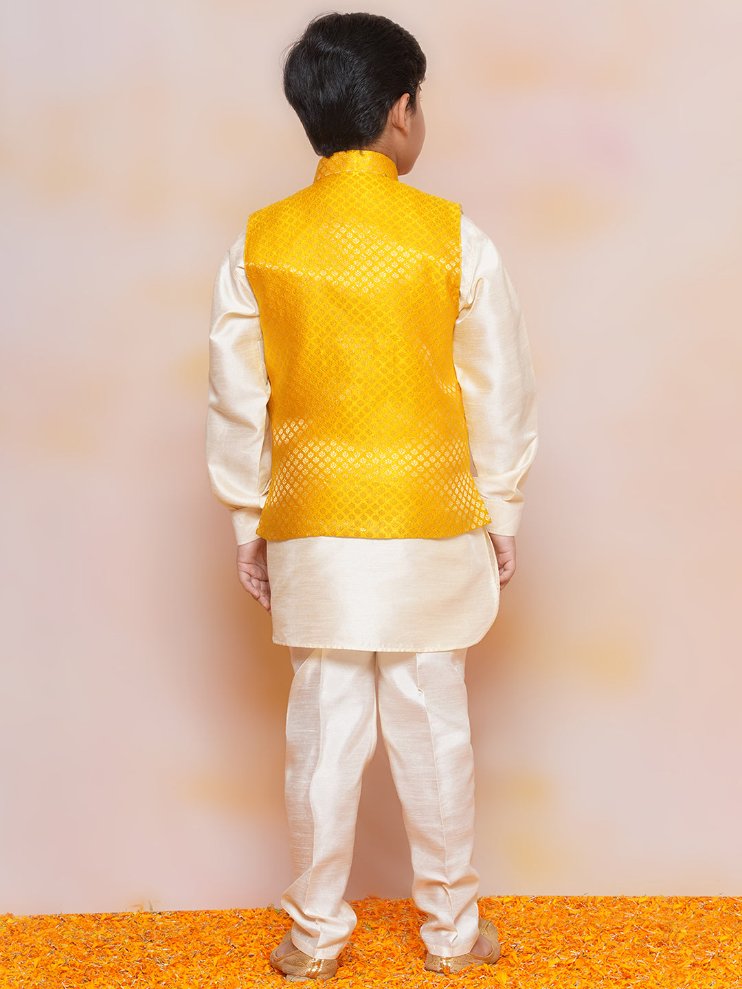 Kids Boys Mustard Printed Jacquard Suit Set - AJ Dezines