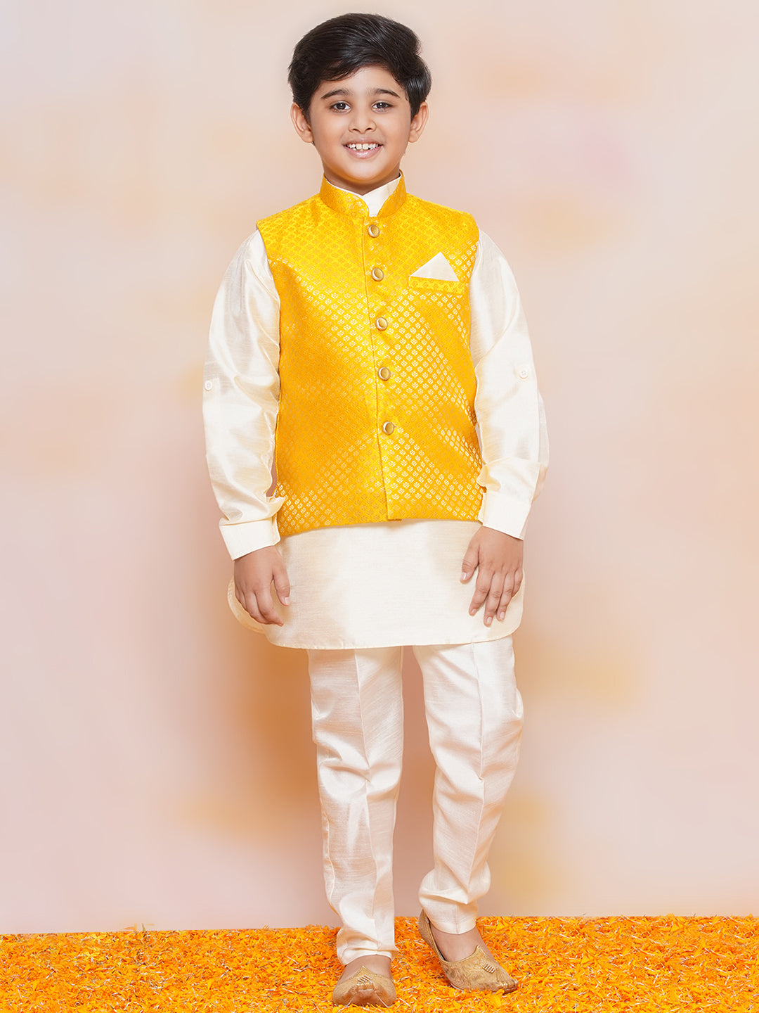 Kids Boys Mustard Printed Jacquard Suit Set - AJ Dezines