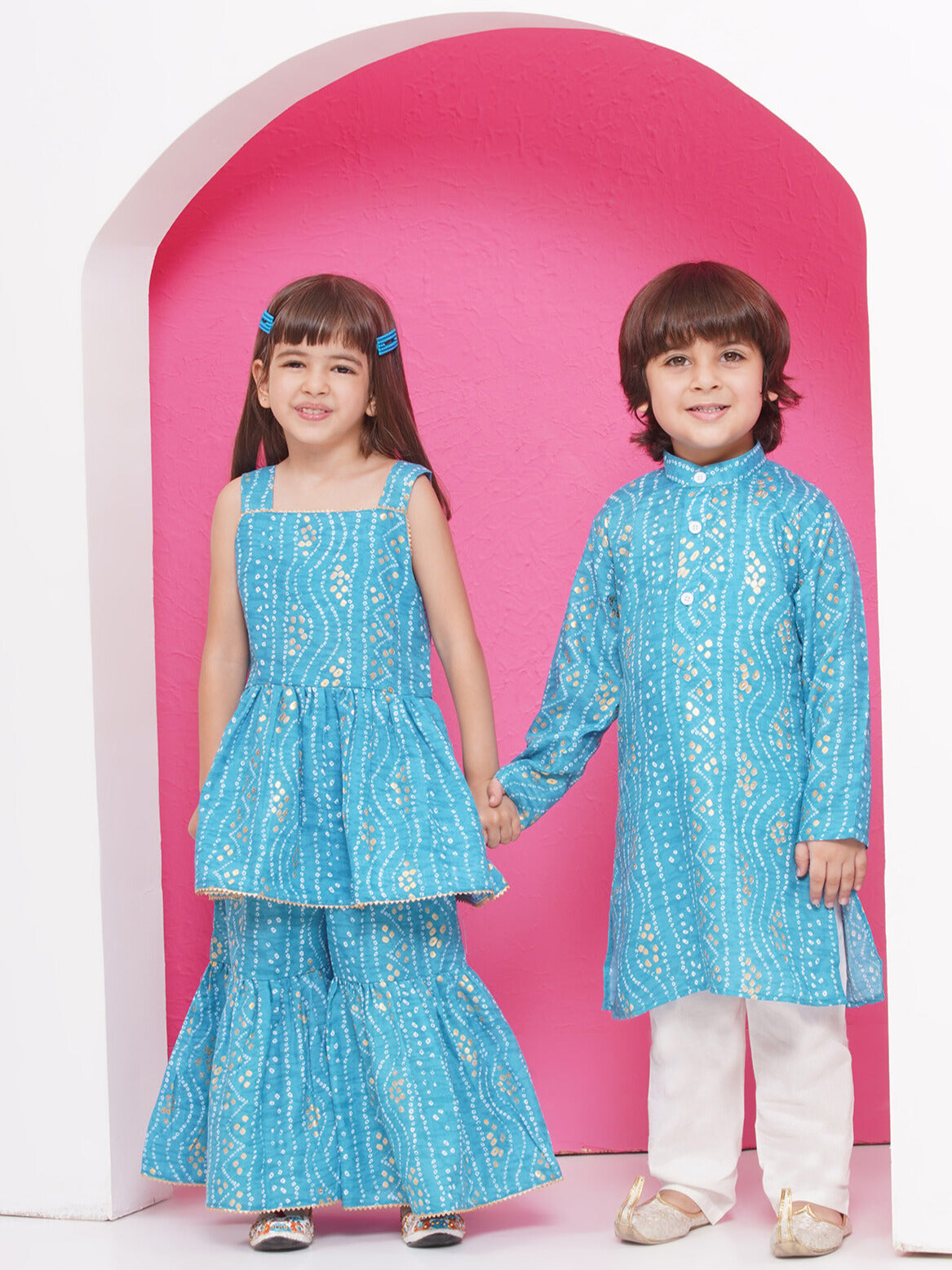 Boys Pure Cotton Kurta Pyjama and Girls Lehenga Sibling Sets-Blue - AJ Dezines
