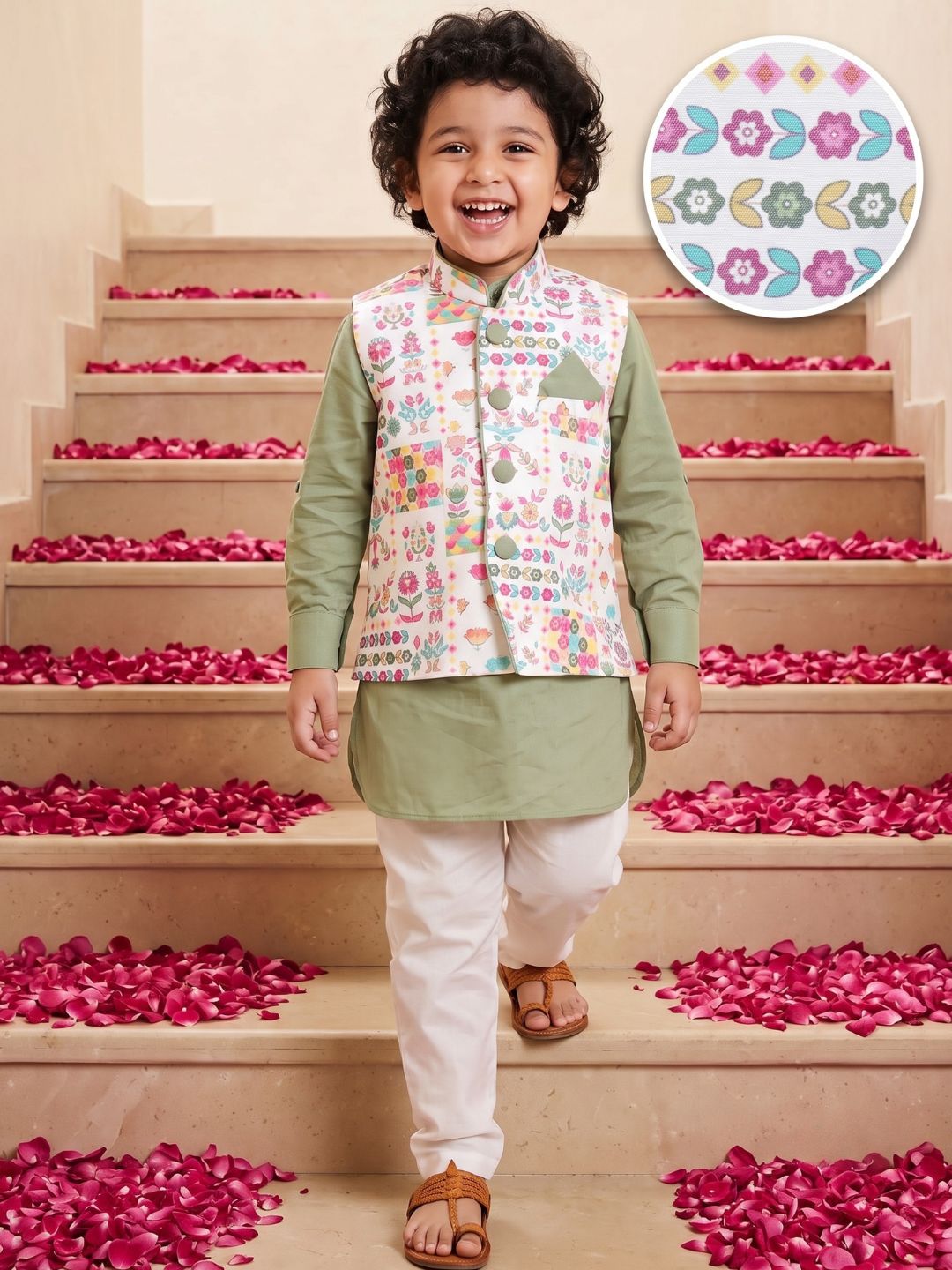 Kids Cotton Full Sleeve Printed Kurta Pajama & Waistcoat Set for Boys
