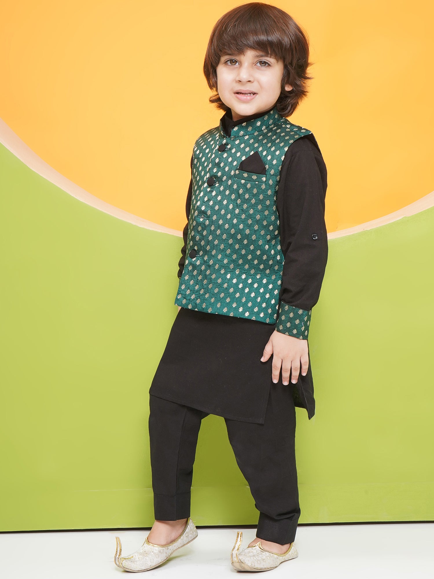 Black Poly Chanderi Full Sleeves Motif Print Kpw Set For Boys - AJ Dezines