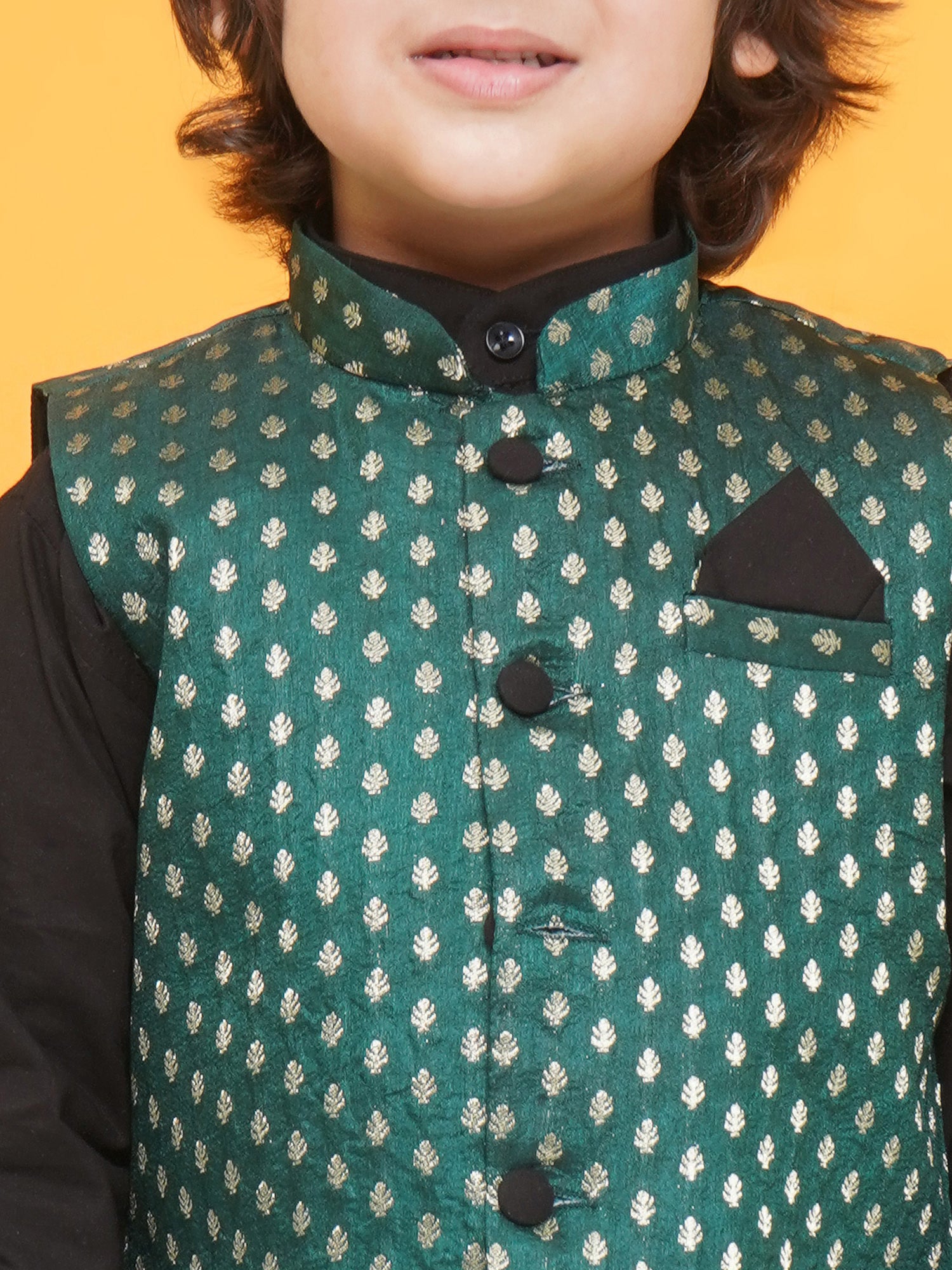 Black Poly Chanderi Full Sleeves Motif Print Kpw Set For Boys - AJ Dezines