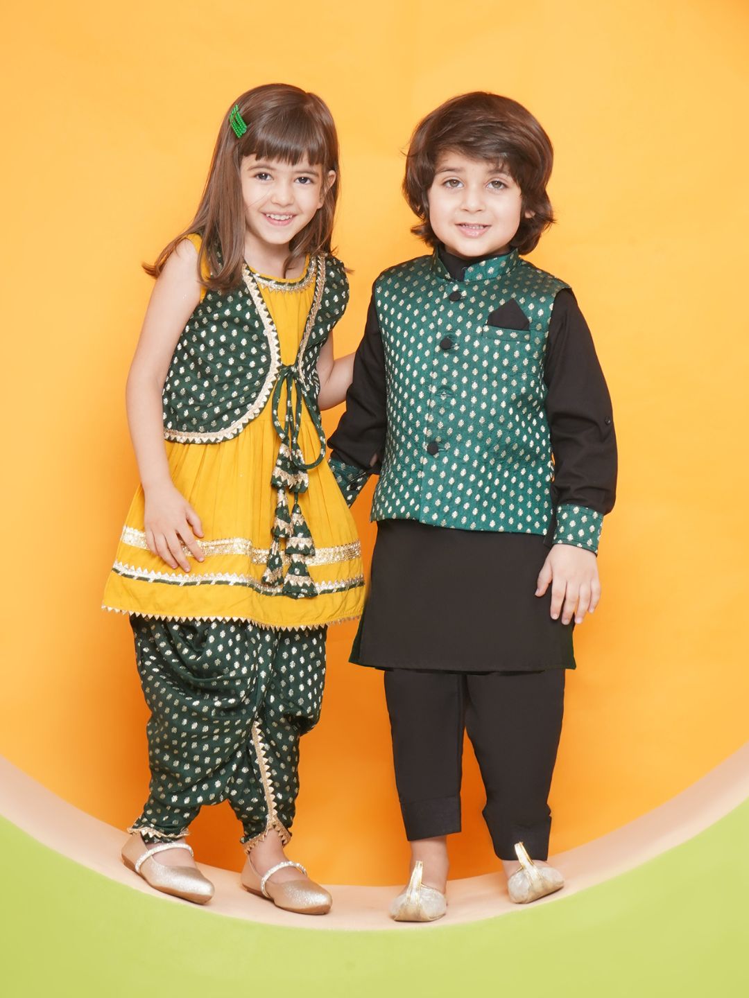 Boys Black Poly Chanderi Full sleeves Kurta Set for Boys and Yellow Sleeveless Girls Dhoti Style Suit Set - Sibling Set - AJ Dezines
