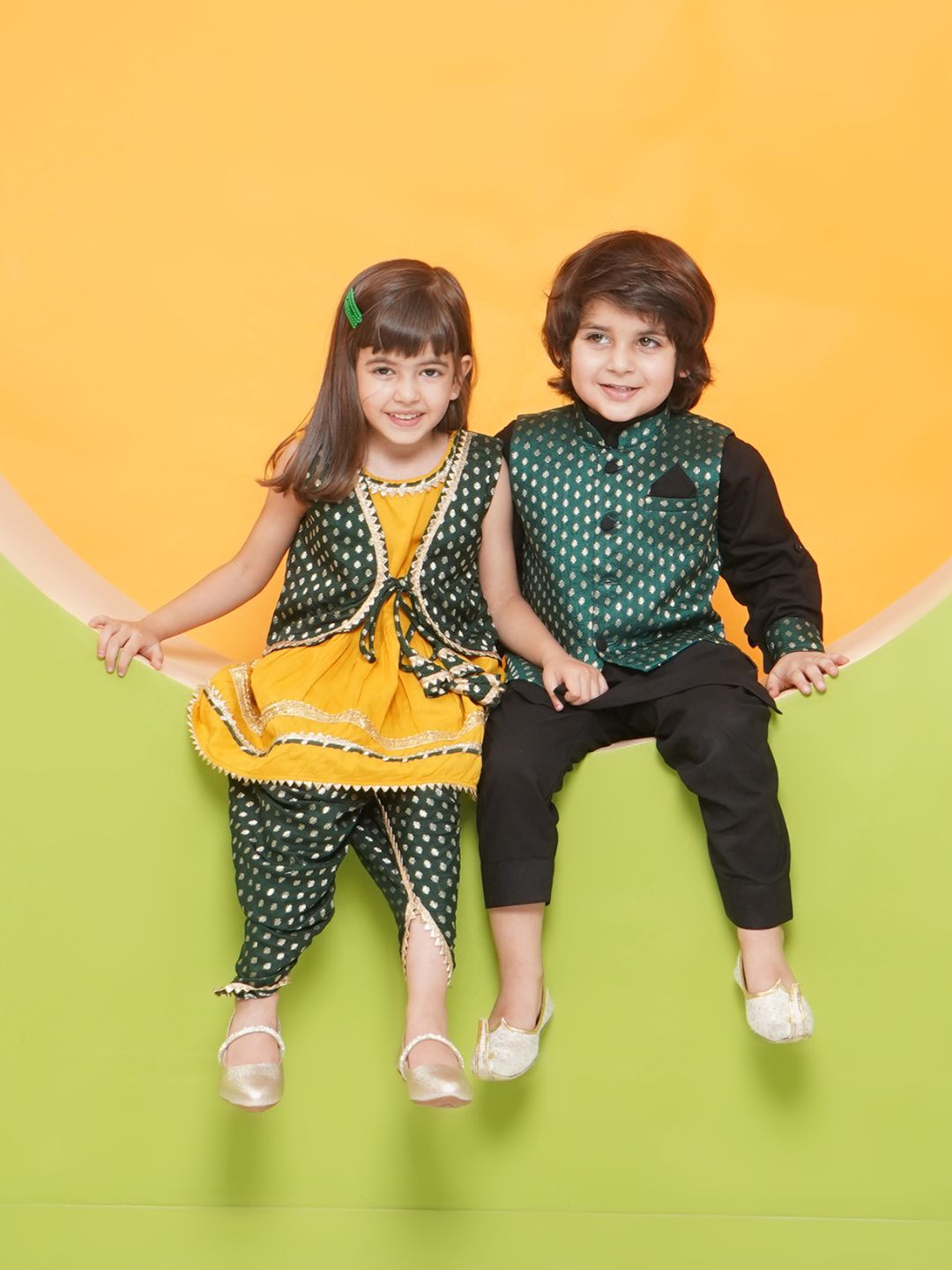 Boys Black Poly Chanderi Full sleeves Kurta Set for Boys and Yellow Sleeveless Girls Dhoti Style Suit Set - Sibling Set - AJ Dezines