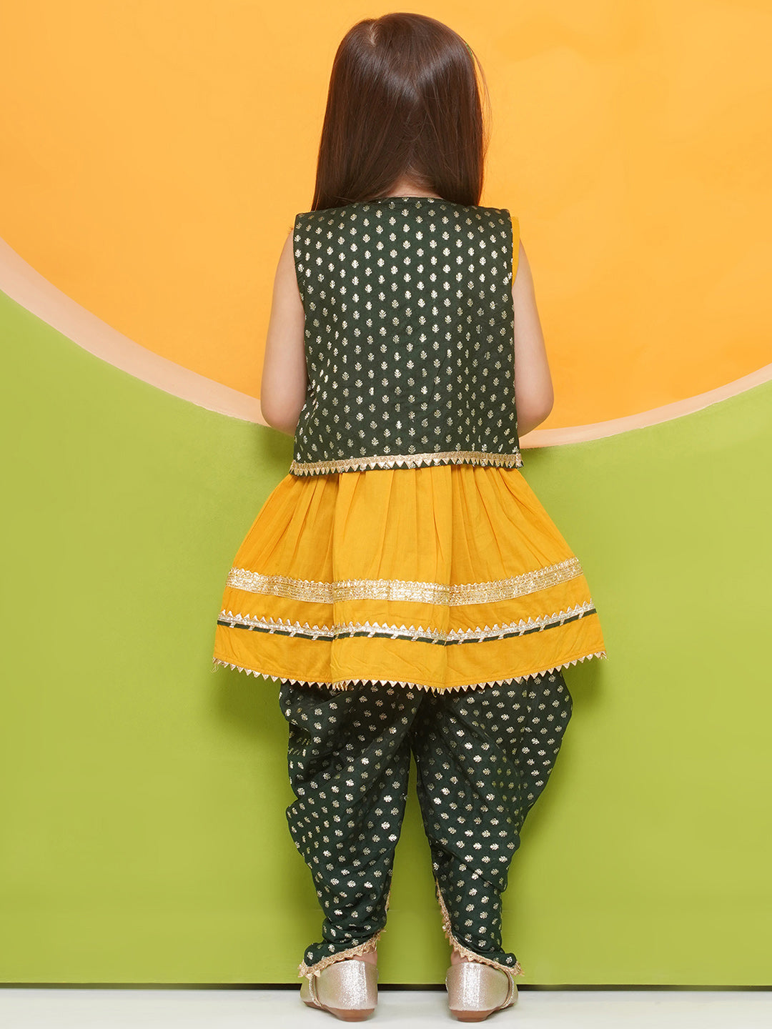 Boys Black Poly Chanderi Full sleeves Kurta Set for Boys and Yellow Sleeveless Girls Dhoti Style Suit Set - Sibling Set - AJ Dezines