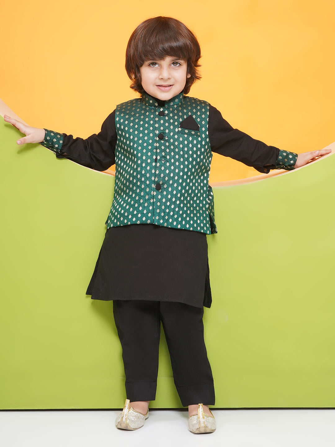 Boys Black Poly Chanderi Full sleeves Kurta Set for Boys and Yellow Sleeveless Girls Dhoti Style Suit Set - Sibling Set - AJ Dezines