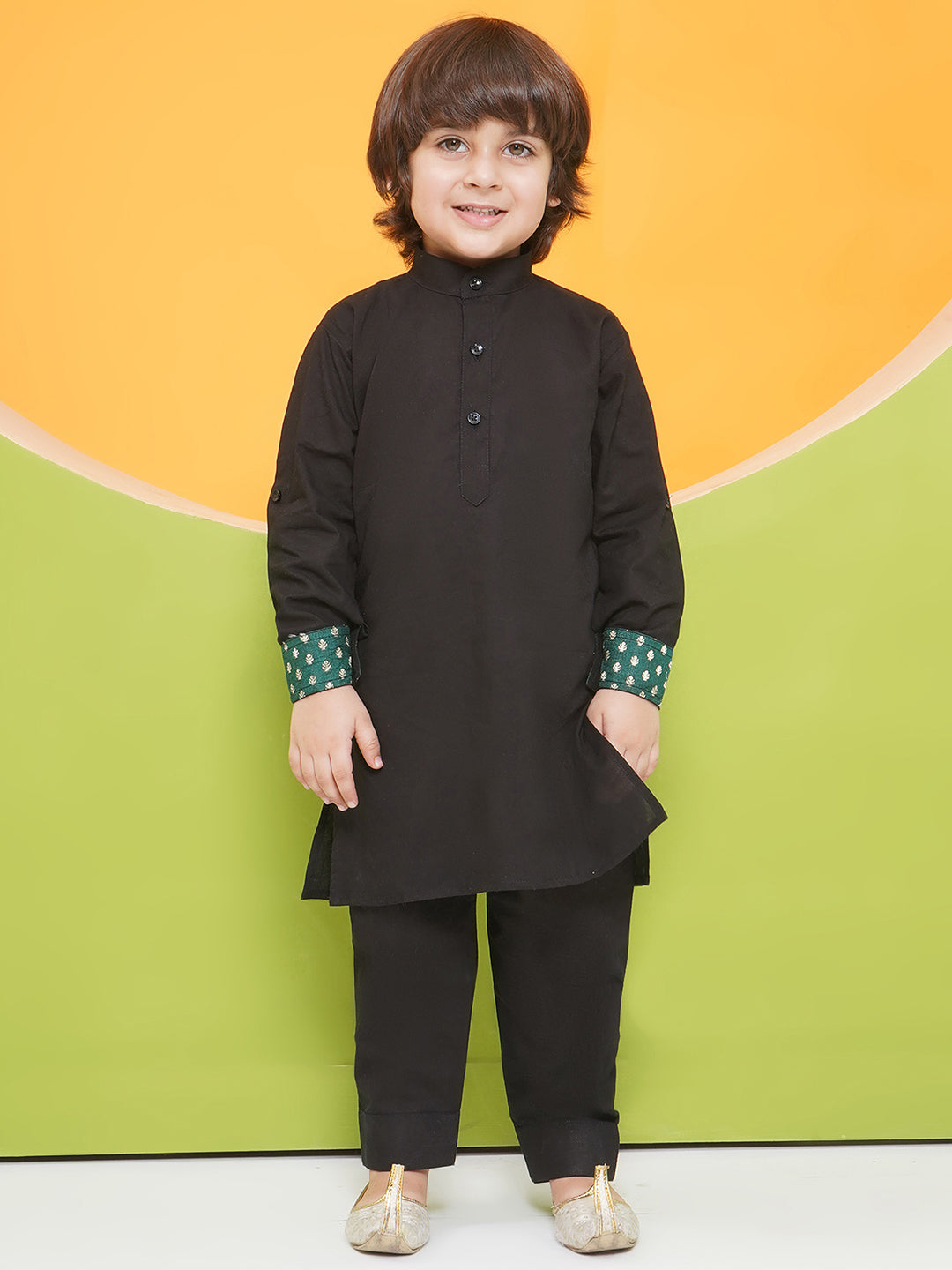Boys Black Poly Chanderi Full sleeves Kurta Set for Boys and Yellow Sleeveless Girls Dhoti Style Suit Set - Sibling Set - AJ Dezines