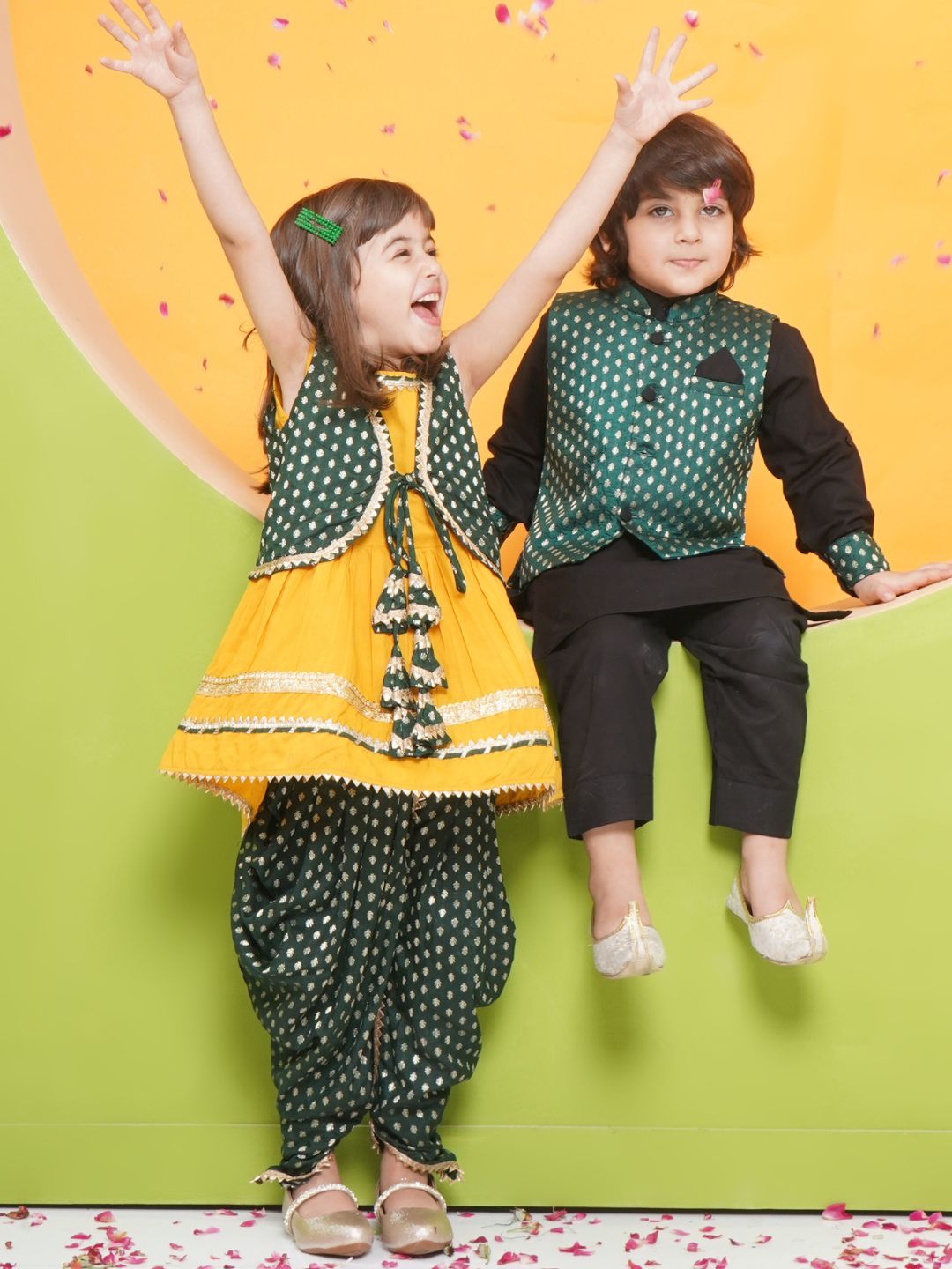 Boys Black Poly Chanderi Full sleeves Kurta Set for Boys and Yellow Sleeveless Girls Dhoti Style Suit Set - Sibling Set - AJ Dezines
