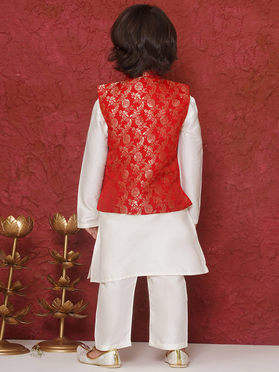 Red Brocade Full Sleeves Jal Embroidery Kpw Set For Boys - AJ Dezines