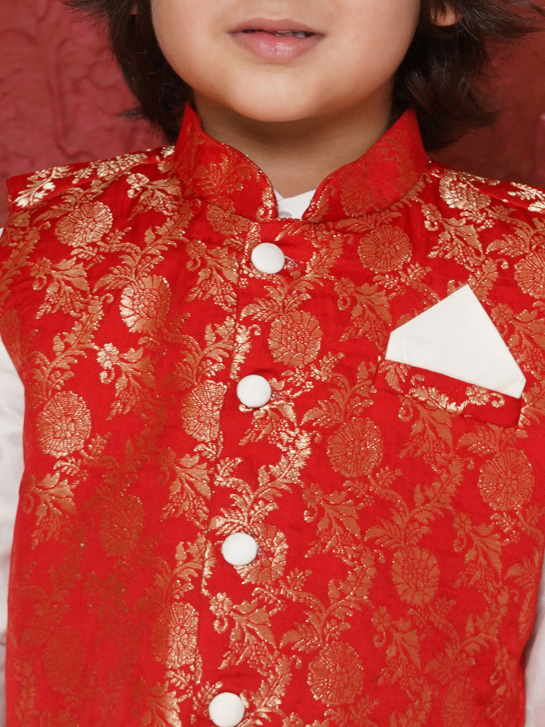 Red Brocade Full Sleeves Jal Embroidery Kpw Set For Boys - AJ Dezines