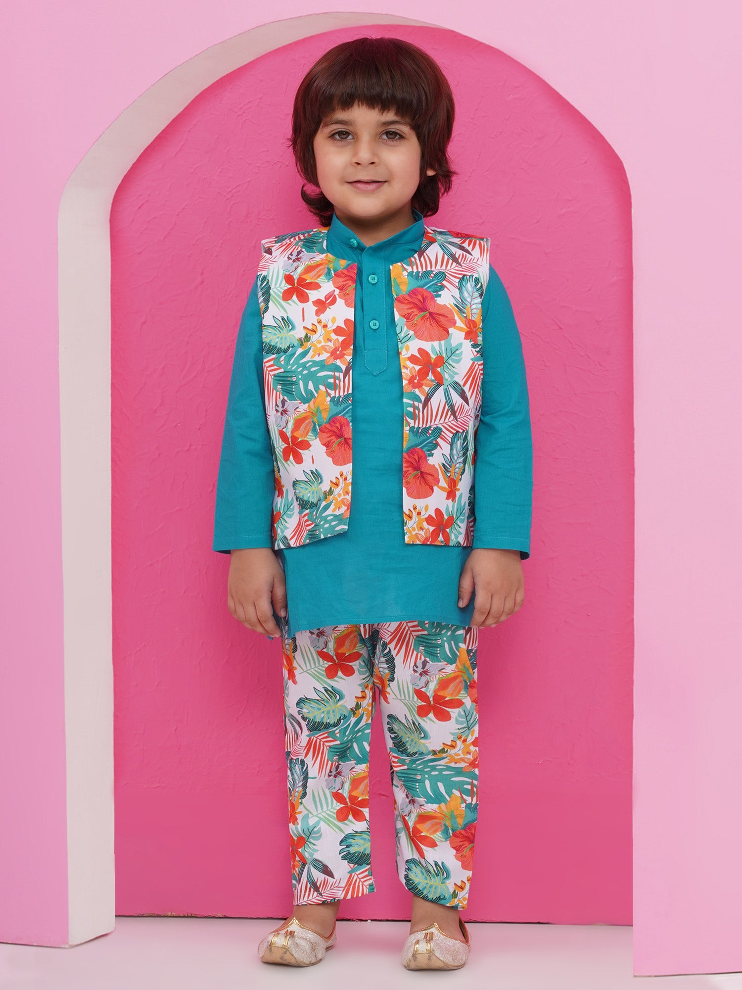 Blue Cotton Full Sleeves Floral Printed Kurta Pyjama With Waist Coat For Boys - AJ Dezines