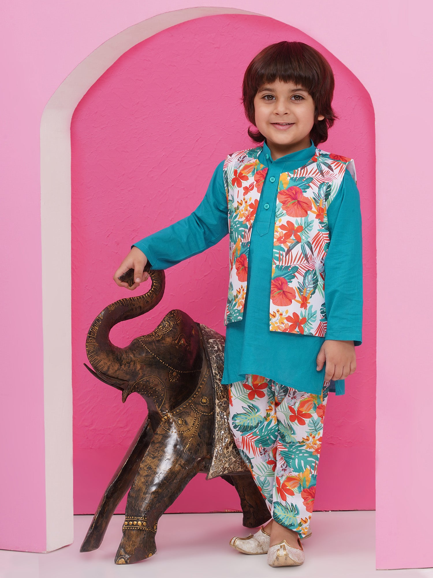 Blue Cotton Full Sleeves Floral Printed Kurta Pyjama With Waist Coat For Boys - AJ Dezines