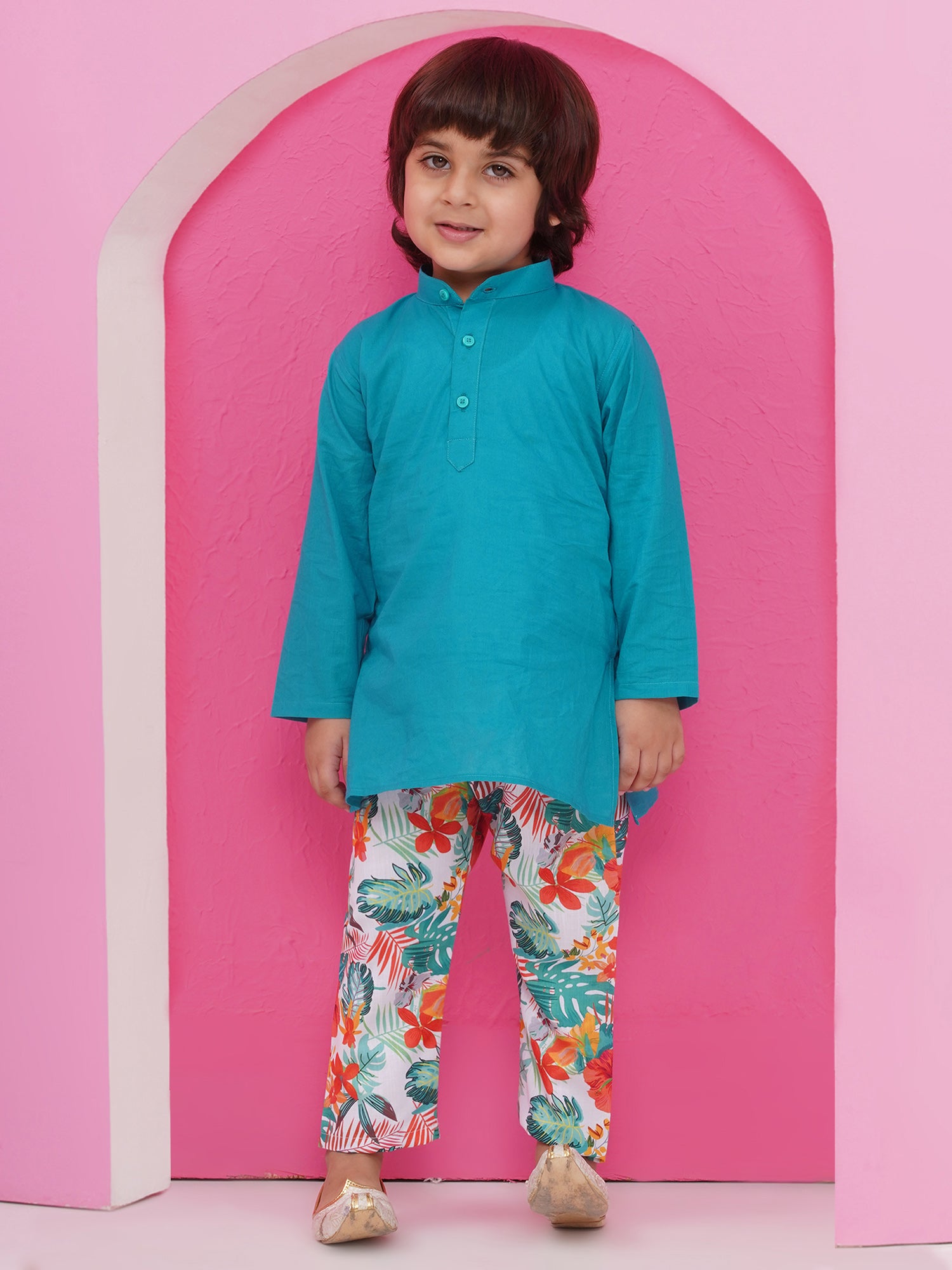 Blue Cotton Full Sleeves Floral Printed Kurta Pyjama With Waist Coat For Boys - AJ Dezines