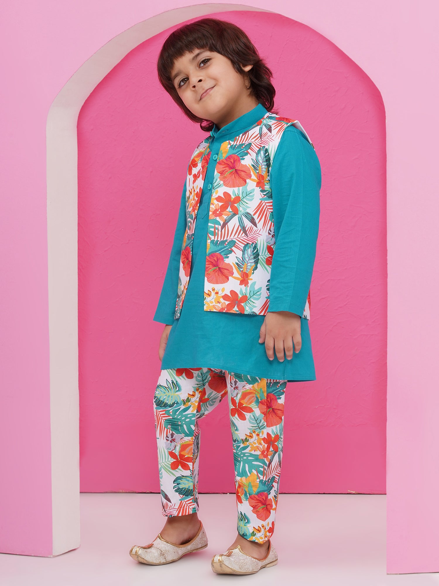 Blue Cotton Full Sleeves Floral Printed Kurta Pyjama With Waist Coat For Boys - AJ Dezines
