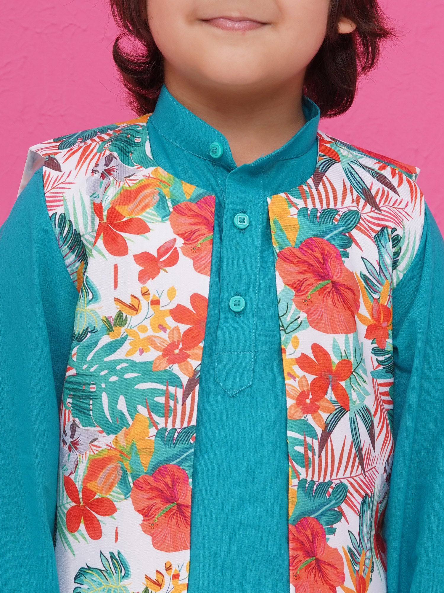 Blue Cotton Full Sleeves Floral Printed Kurta Pyjama With Waist Coat For Boys - AJ Dezines