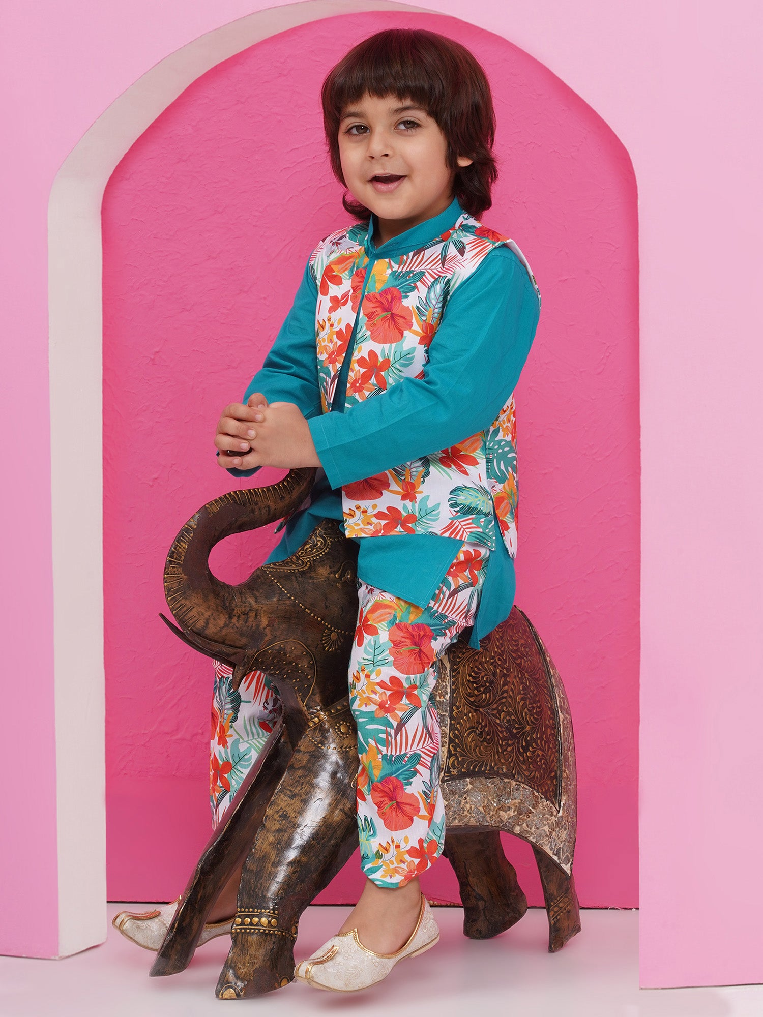 Blue Cotton Full Sleeves Floral Printed Kurta Pyjama With Waist Coat For Boys - AJ Dezines