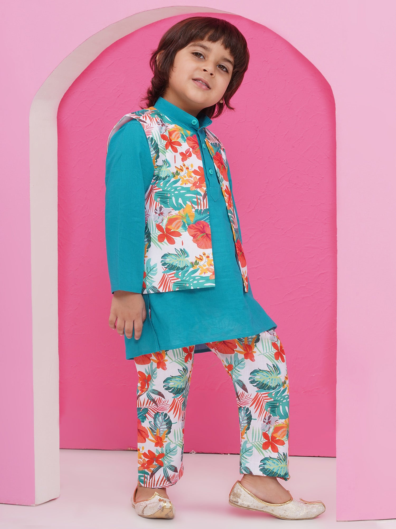 Blue Cotton Full Sleeves Floral Printed Kurta Pyjama With Waist Coat For Boys - AJ Dezines