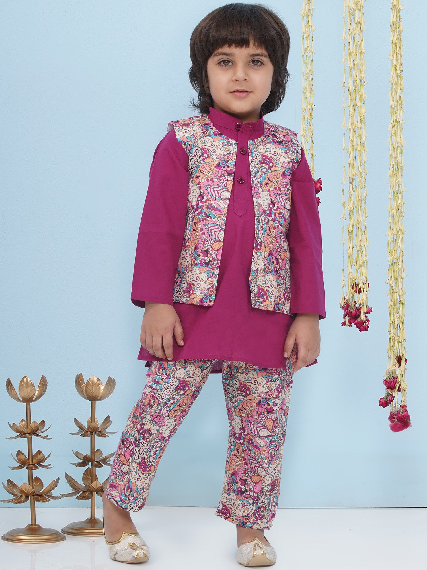 Purple Cotton Full Sleeves Floral Printed Kurta Pyjama With Waist Coat For Boys - AJ Dezines