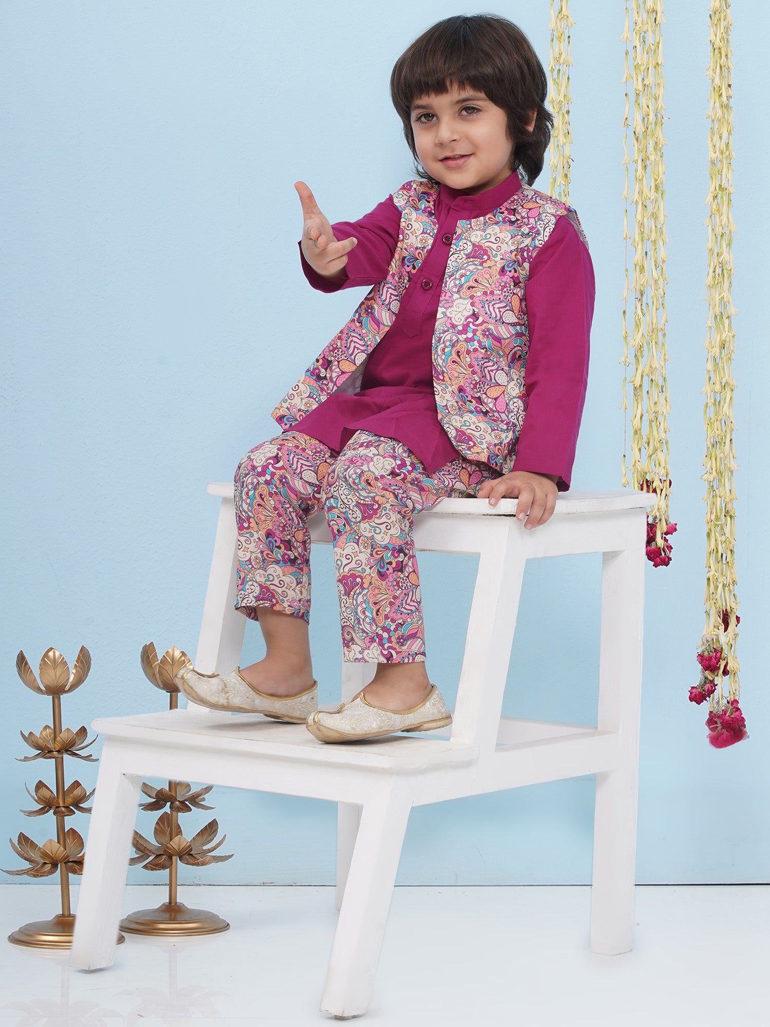 Purple Cotton Full Sleeves Floral Printed Kurta Pyjama With Waist Coat For Boys - AJ Dezines