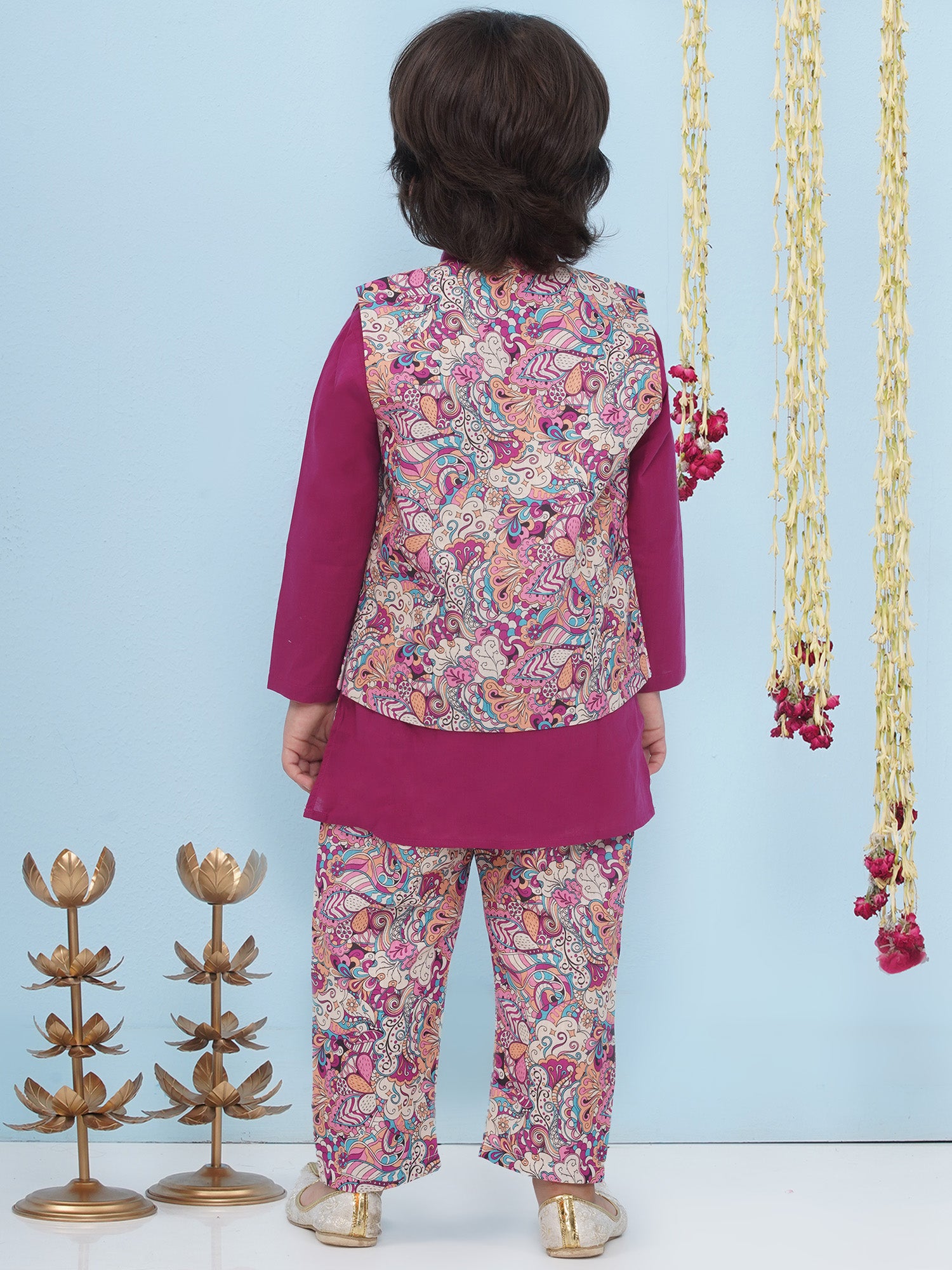 Purple Cotton Full Sleeves Floral Printed Kurta Pyjama With Waist Coat For Boys - AJ Dezines