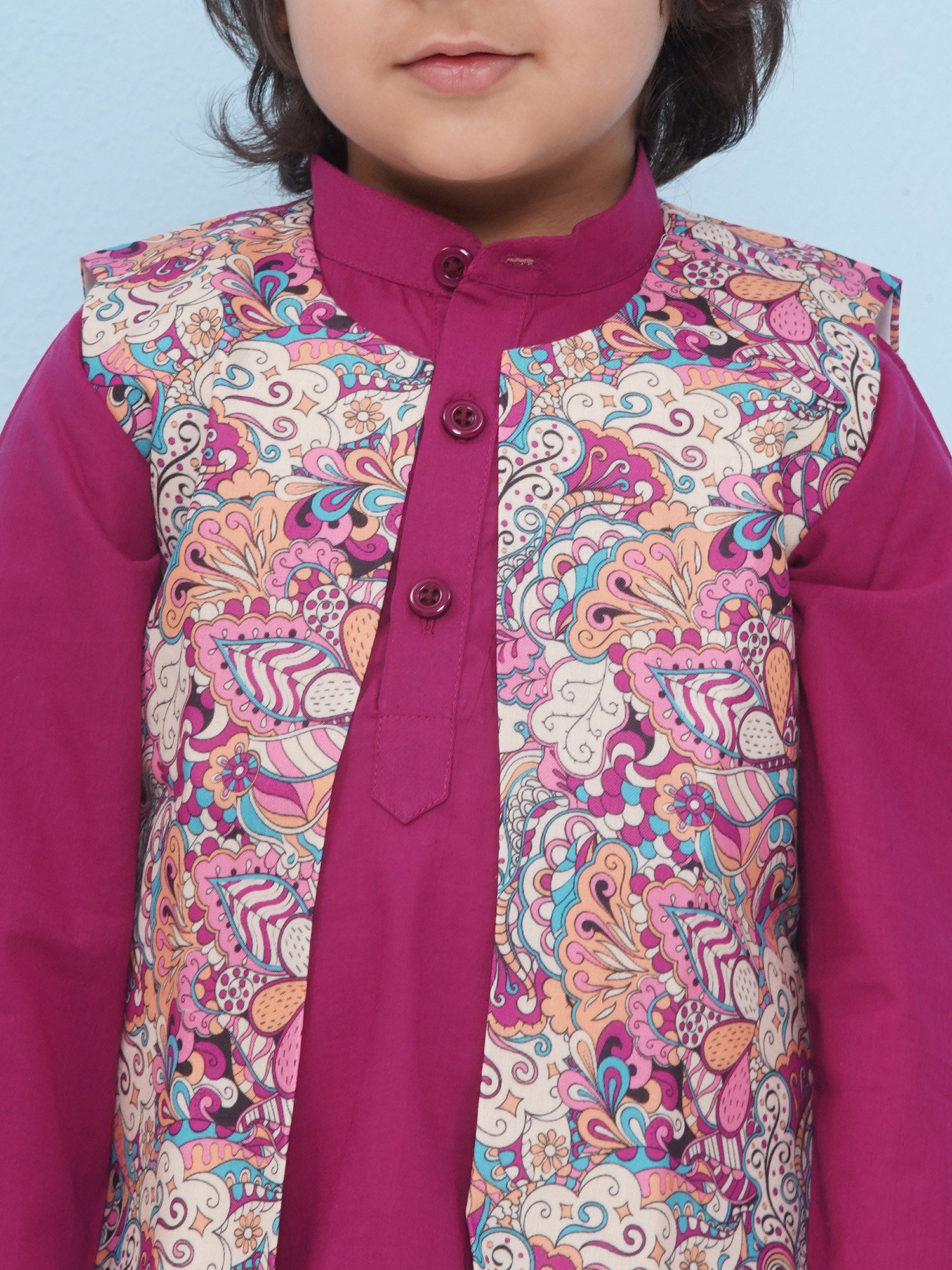 Purple Cotton Full Sleeves Floral Printed Kurta Pyjama With Waist Coat For Boys - AJ Dezines