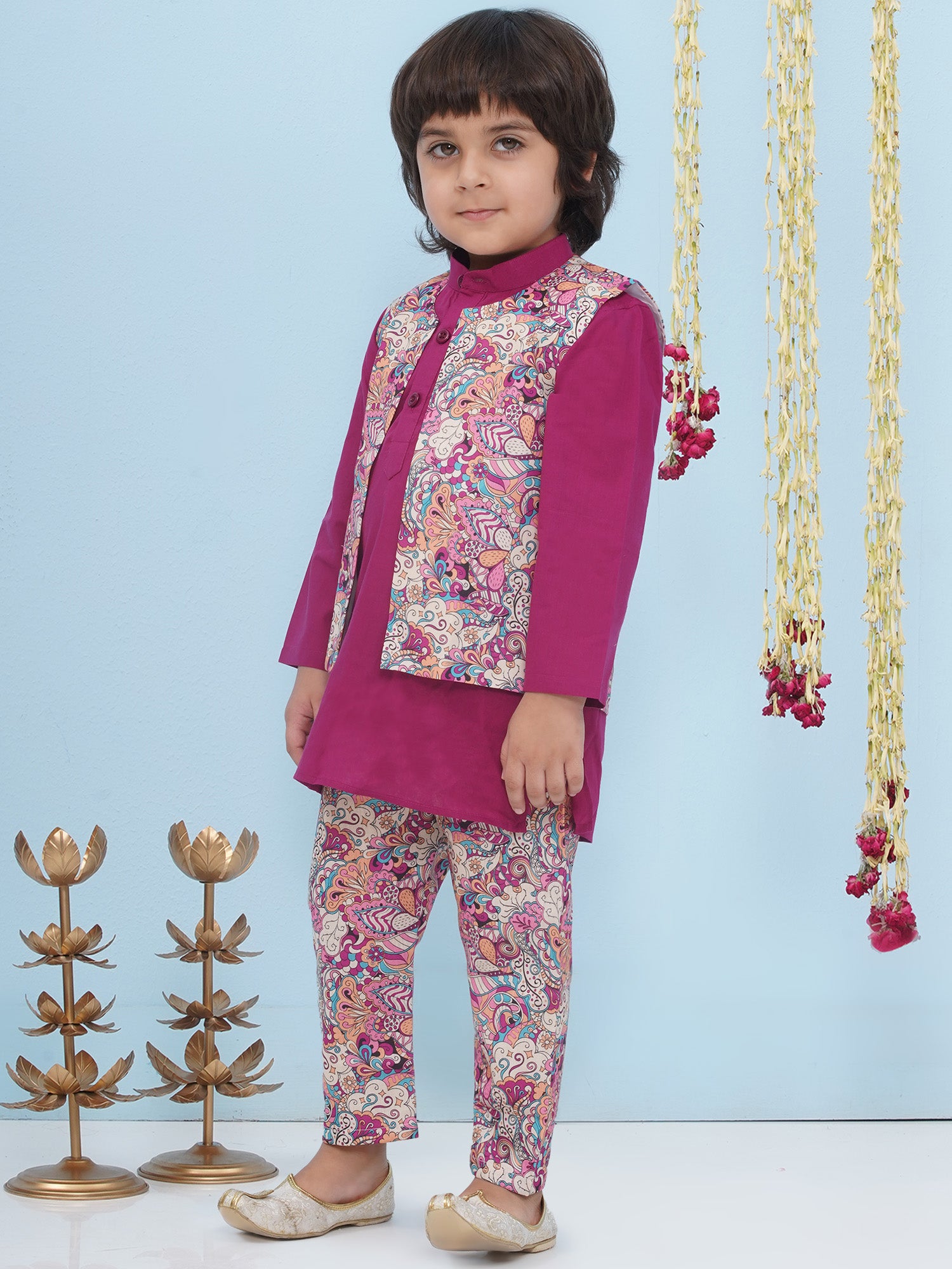 Purple Cotton Full Sleeves Floral Printed Kurta Pyjama With Waist Coat For Boys - AJ Dezines