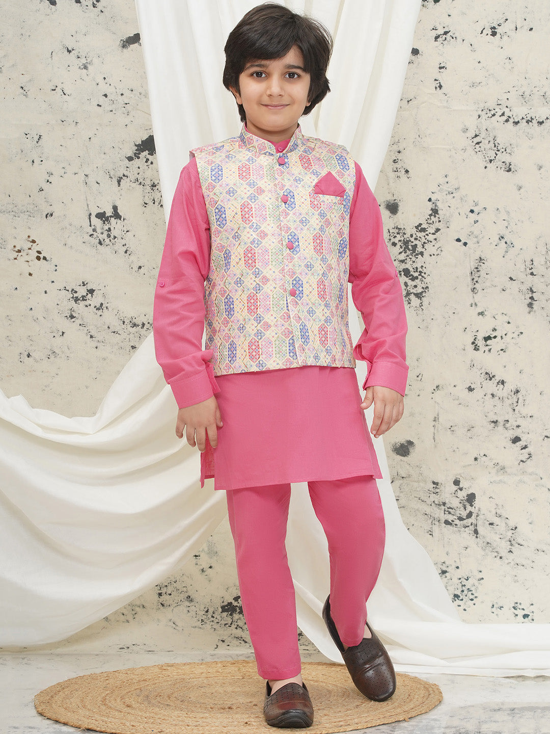 Pink Cotton Full sleeves Abstract Kurta Pyjama Waistcoat for Boys - AJ Dezines
