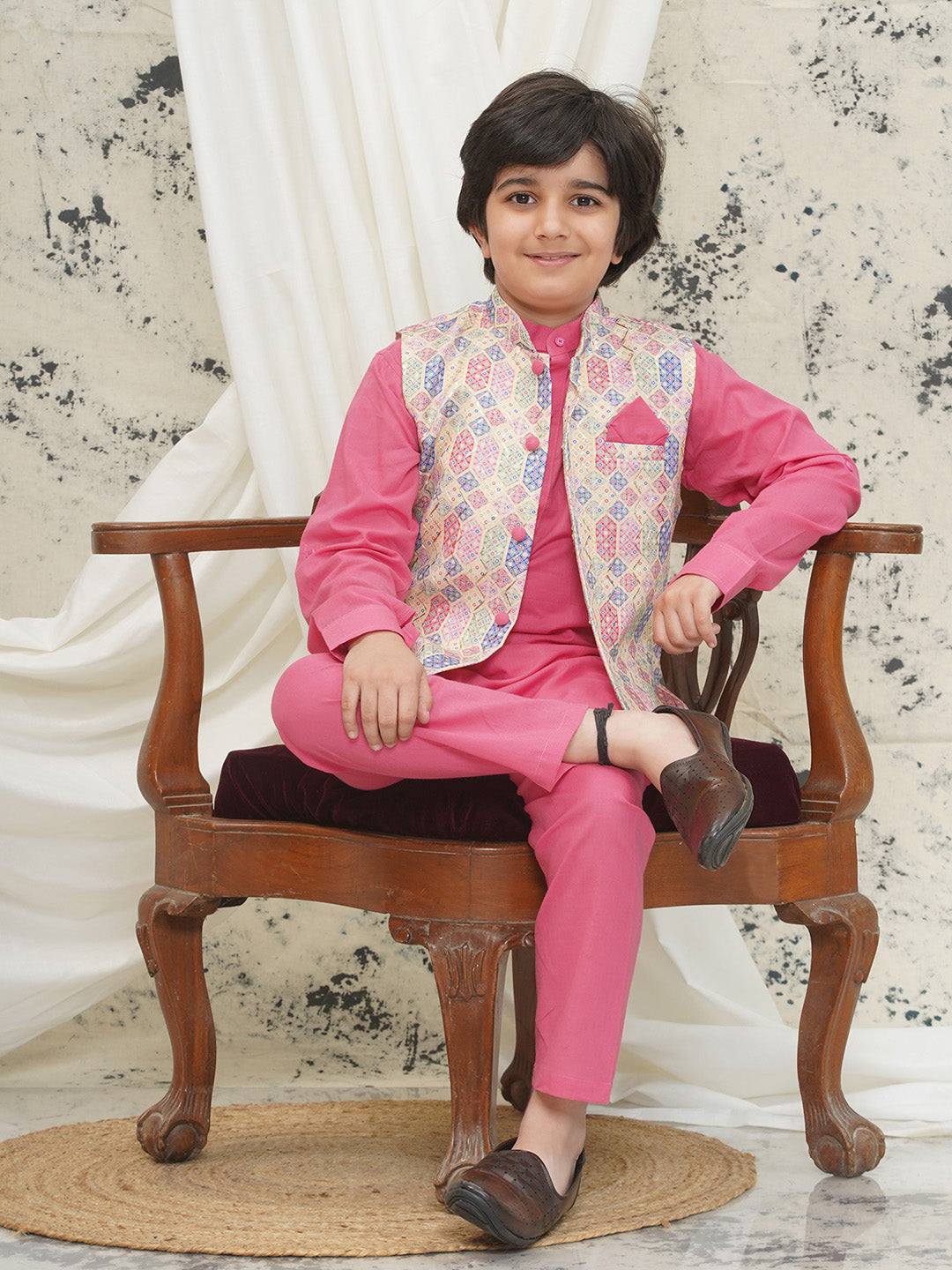 Pink Cotton Full sleeves Abstract Kurta Pyjama Waistcoat for Boys - AJ Dezines