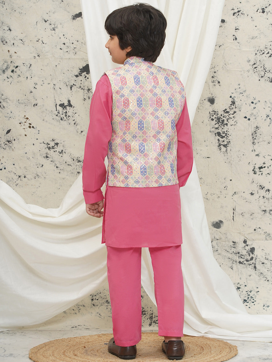 Pink Cotton Full sleeves Abstract Kurta Pyjama Waistcoat for Boys - AJ Dezines