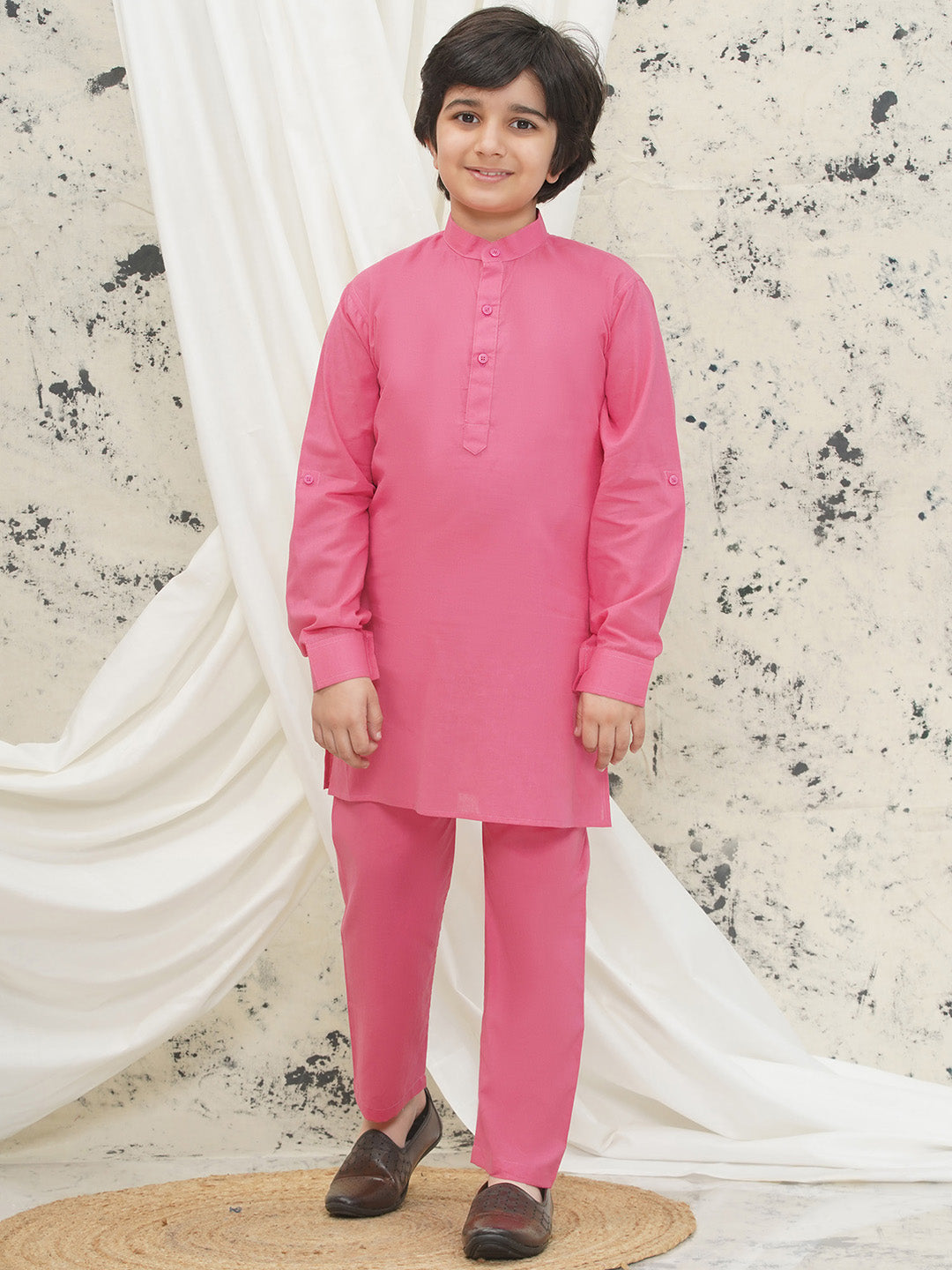 Pink Cotton Full sleeves Abstract Kurta Pyjama Waistcoat for Boys - AJ Dezines