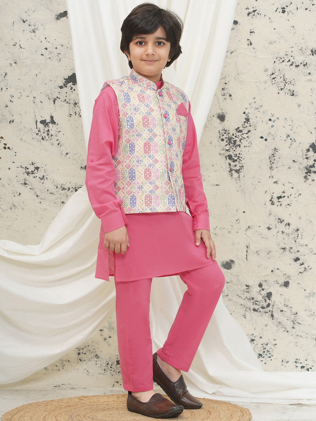 Pink Cotton Full sleeves Abstract Kurta Pyjama Waistcoat for Boys - AJ Dezines